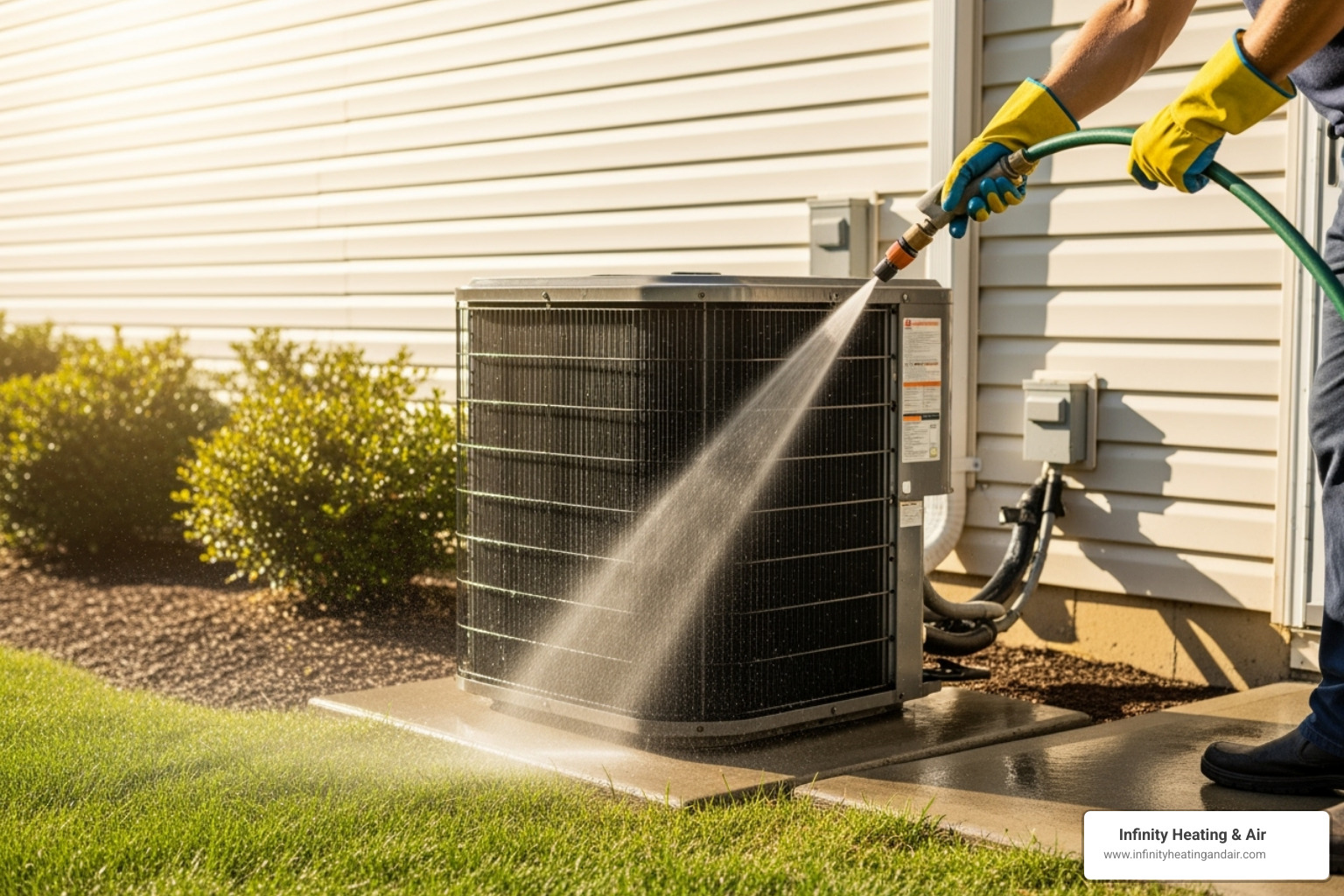 Person safely cleaning outdoor condenser unit - AC coil cleaning