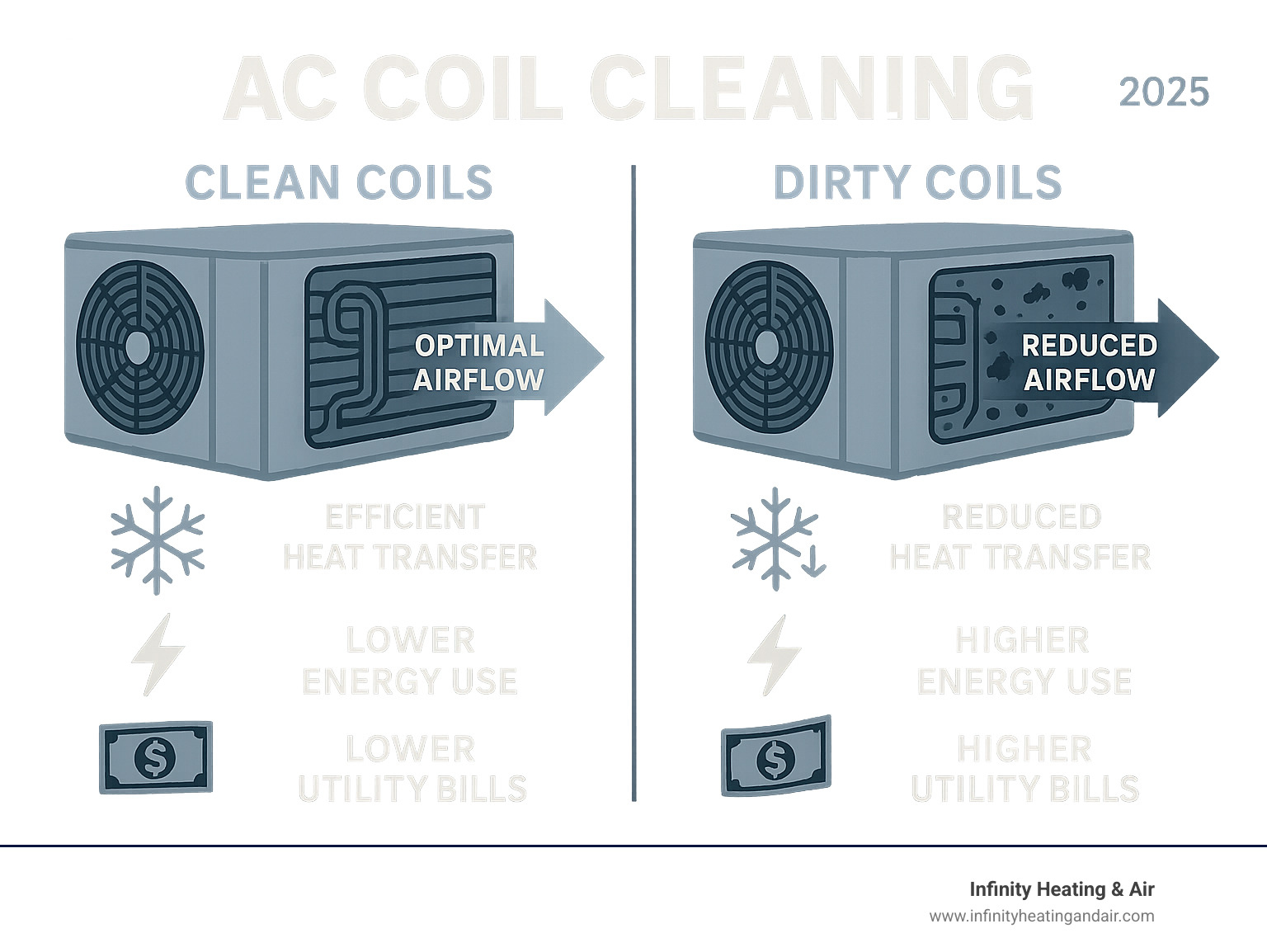 Infographic showing comparison between clean and dirty AC coils, illustrating reduced airflow, decreased heat transfer efficiency, increased energy consumption, and higher utility bills with dirty coils versus optimal performance with clean coils - AC coil cleaning infographic