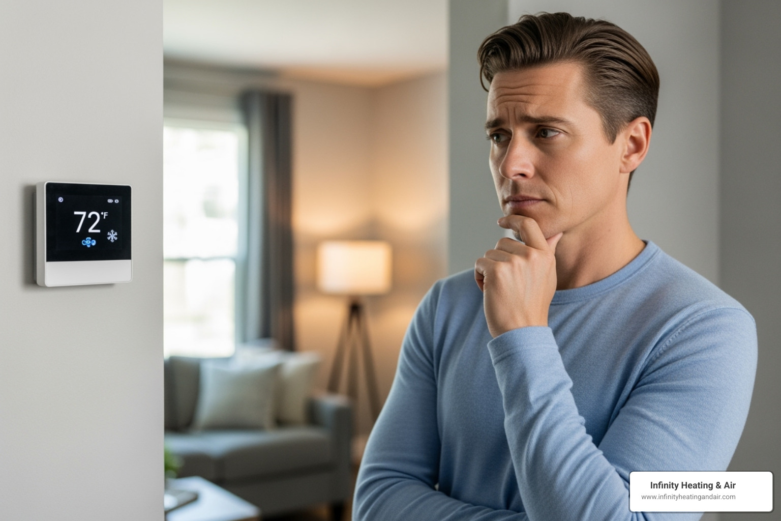 homeowner looking thoughtfully at their thermostat - HVAC service plan