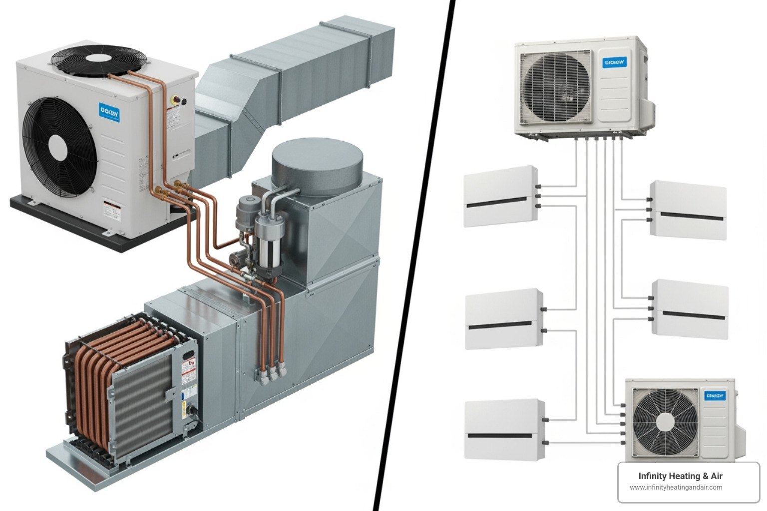 A split view of a ducted central air system on one side, showing the outdoor unit and indoor furnace/coil connected by ducts, and a ductless mini-split system on the other, showing an outdoor unit connected to multiple indoor wall-mounted units without ducts. - energy efficient HVAC