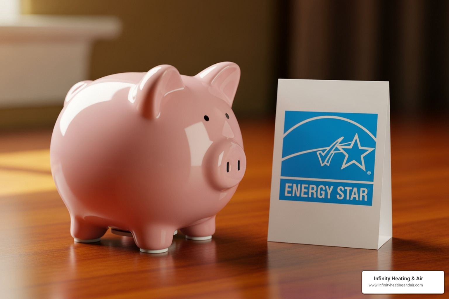 A piggy bank next to an ENERGY STAR logo, symbolizing savings and energy efficiency. - energy efficient HVAC
