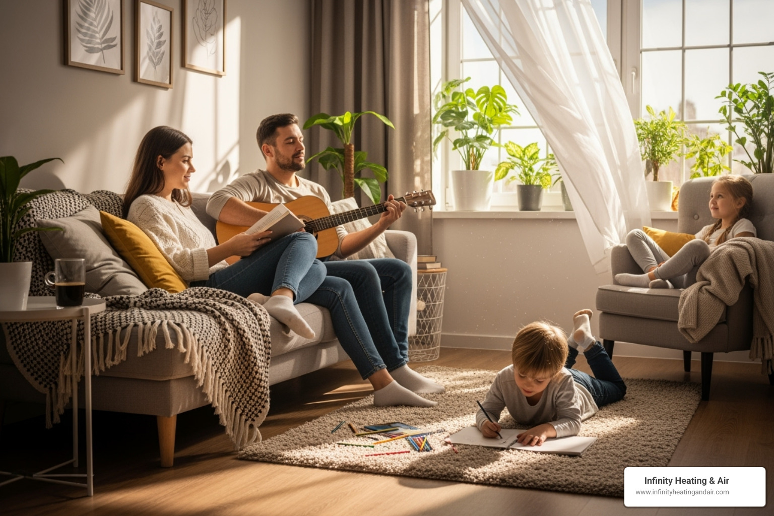 Family relaxing comfortably in their living room on a sunny day - New AC unit