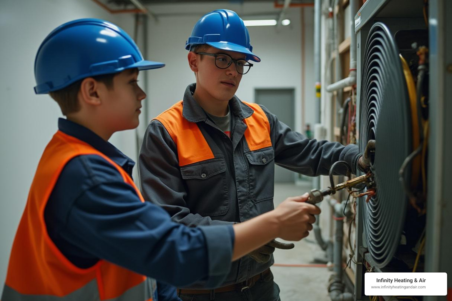 Two technicians in safety gear working on HVAC equipment, demonstrating hands-on training and expertise in heating and air conditioning systems, emphasizing the importance of certified professionals for home comfort and efficiency.