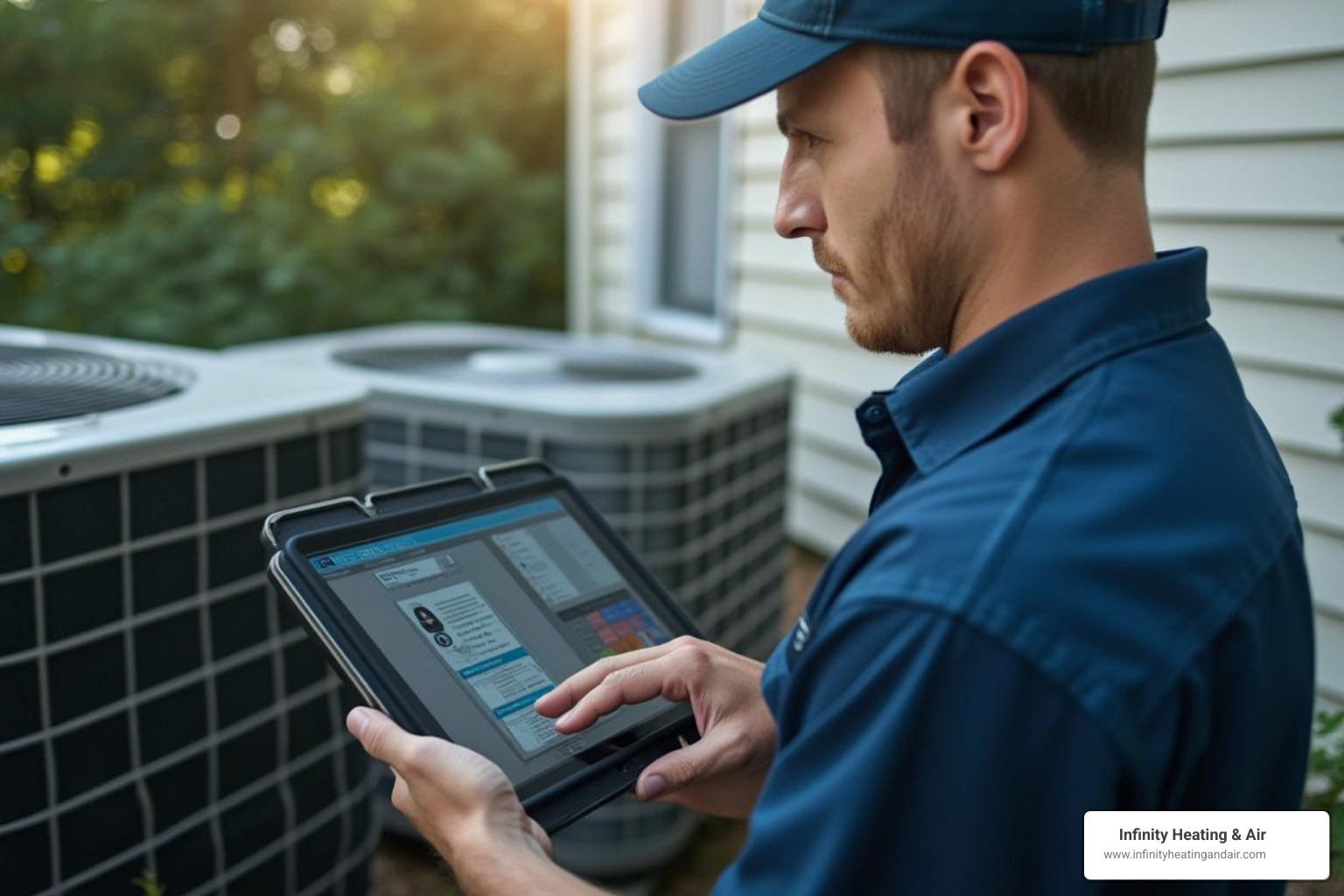 Certified HVAC technician using a tablet to assess home comfort solutions, with air conditioning units in the background, emphasizing advanced diagnostics and whole-home assessment.