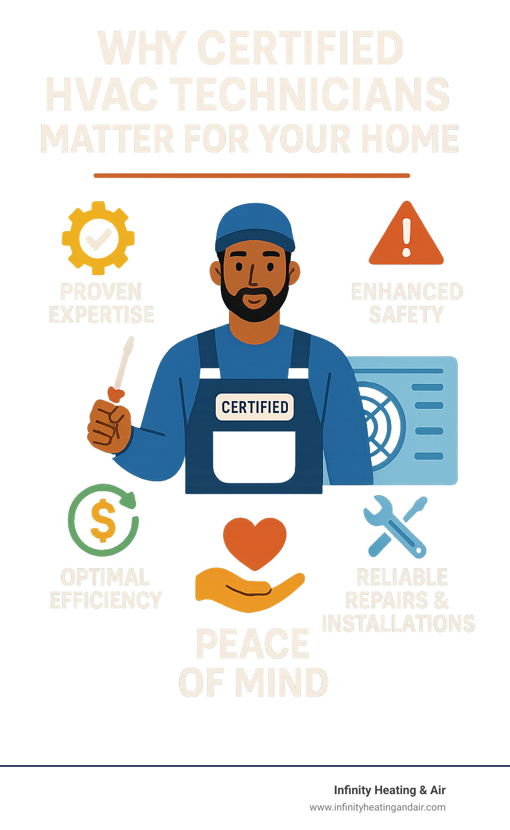 Certified HVAC technician with tools, emphasizing proven expertise, enhanced safety, optimal efficiency, reliable repairs, and peace of mind, relevant to home comfort and safety.