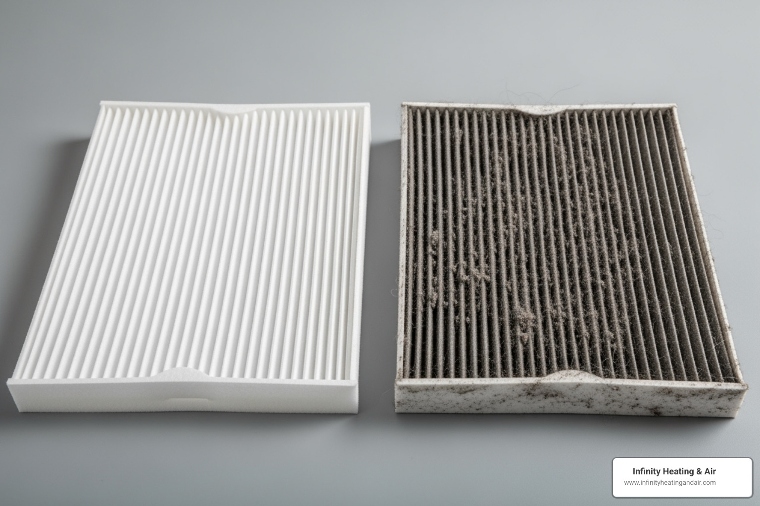 Clean and dirty air conditioning filters side by side, highlighting the importance of regular maintenance for improved indoor air quality in Puyallup, WA.