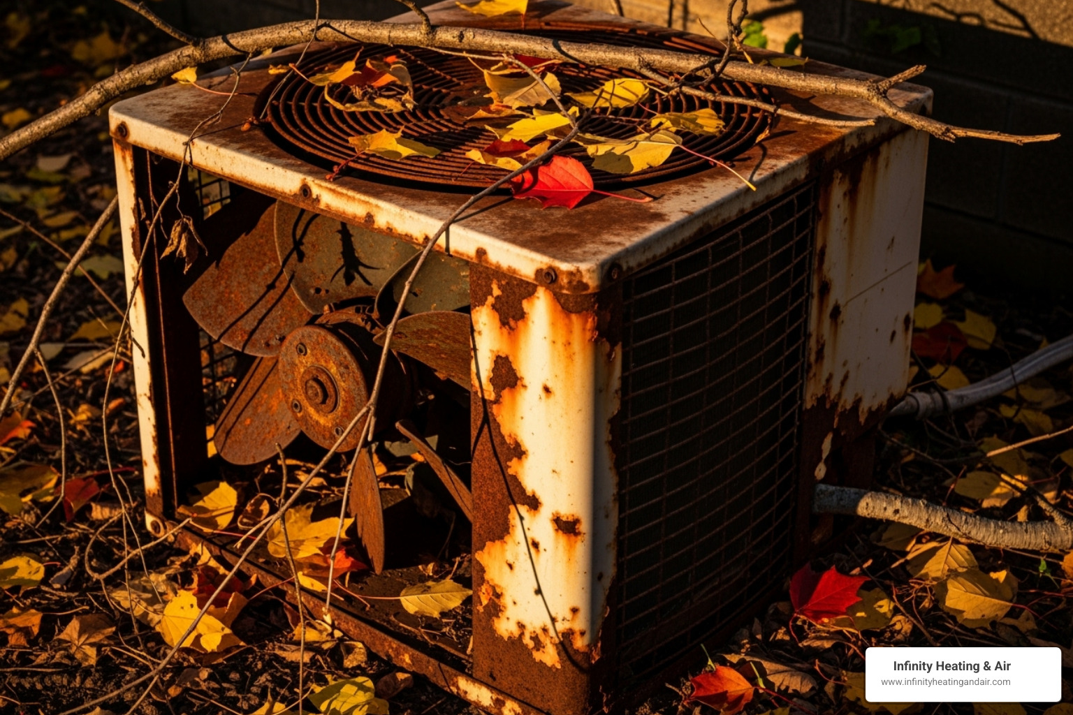 Rusty air conditioning unit covered in autumn leaves, emphasizing the need for regular AC maintenance to prevent breakdowns and ensure safety.