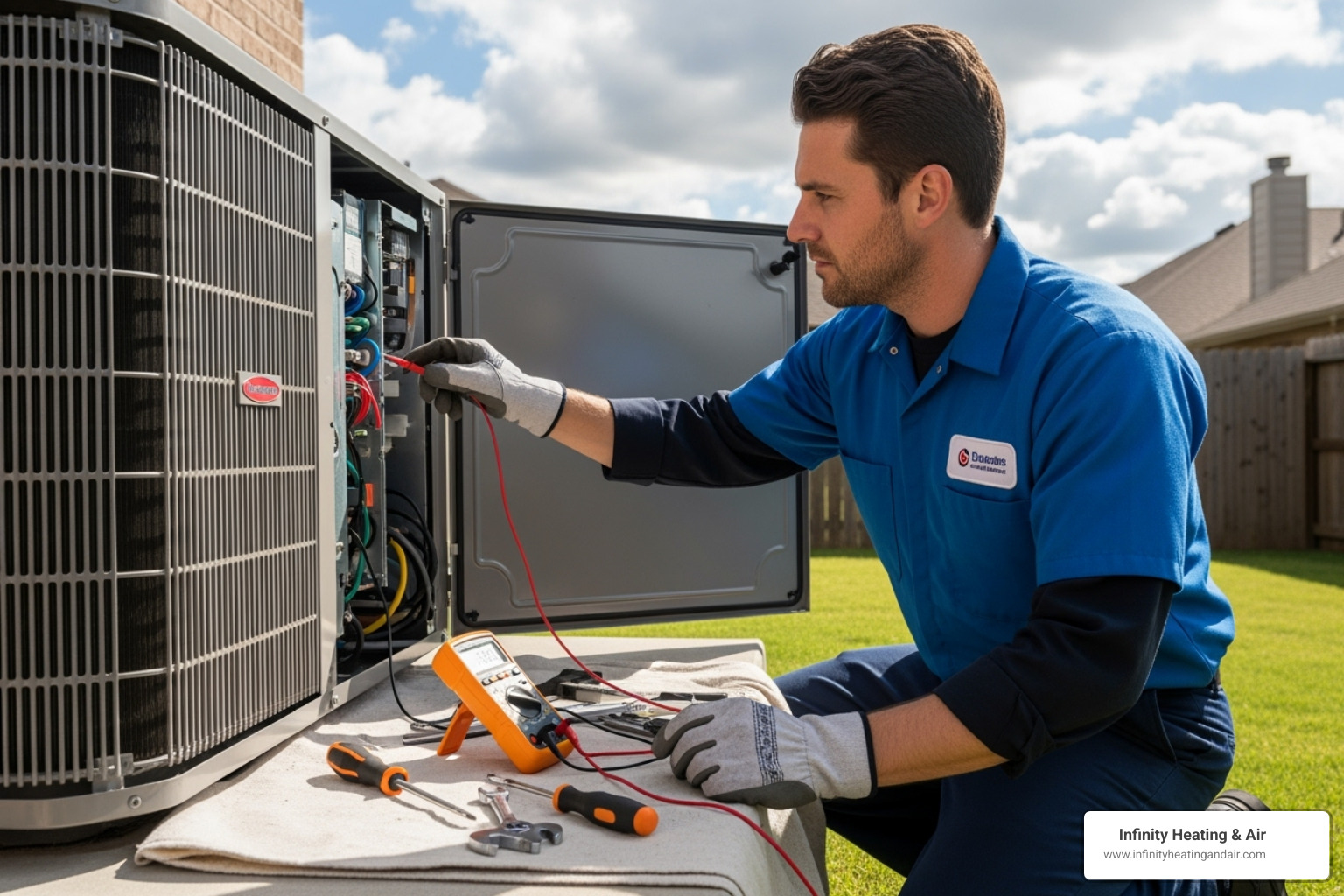 Technician performing AC maintenance on outdoor unit, using multimeter and tools, ensuring efficient operation for Infinity Heating & Air services in Puyallup.