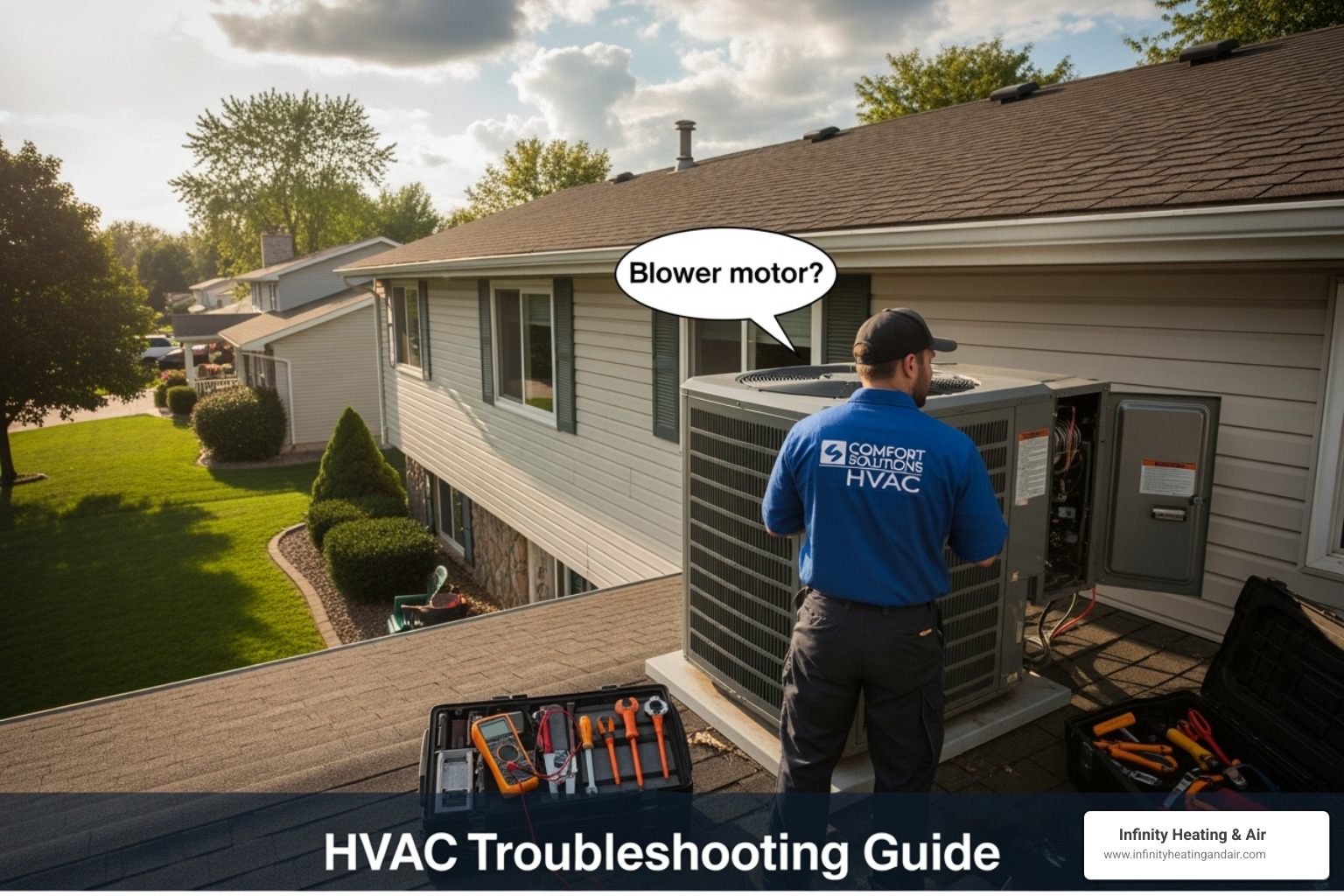 HVAC technician inspecting air conditioning unit outdoors with tools, discussing blower motor issues, under a clear sky.