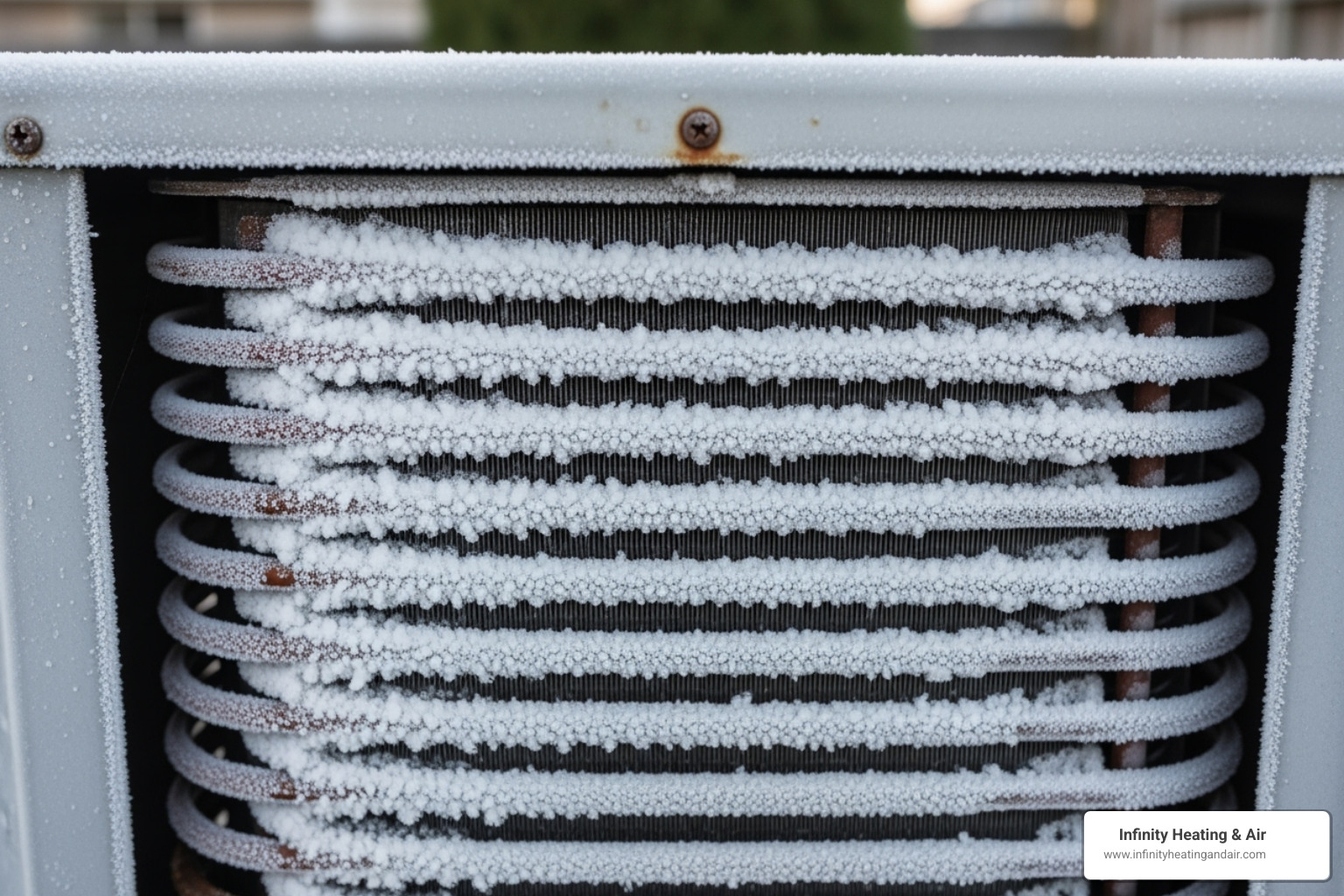 Frost-covered coils of an air conditioning unit, highlighting potential refrigerant leaks and the need for professional AC service in Puyallup, Washington.