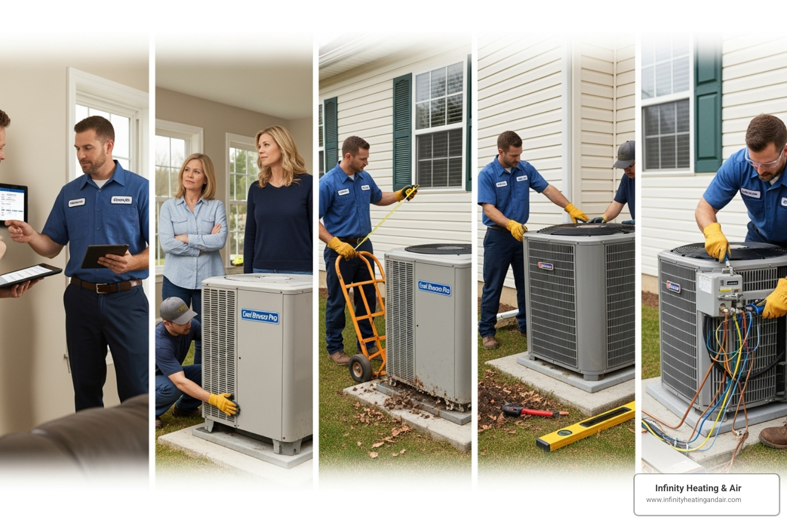 Professional HVAC technicians installing an air conditioning unit outside a home, discussing details with homeowners, measuring, and ensuring proper setup for optimal comfort and efficiency, representing Infinity Heating & Air's AC installation services in Puyallup, WA.