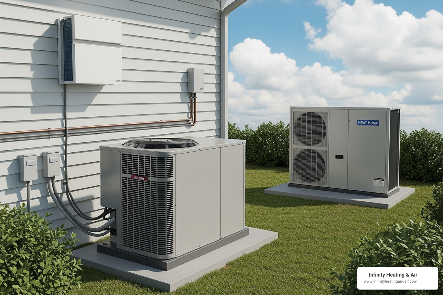 Air conditioning units and heat pump installed outside a home in Puyallup, showcasing efficient cooling solutions by Infinity Heating & Air.