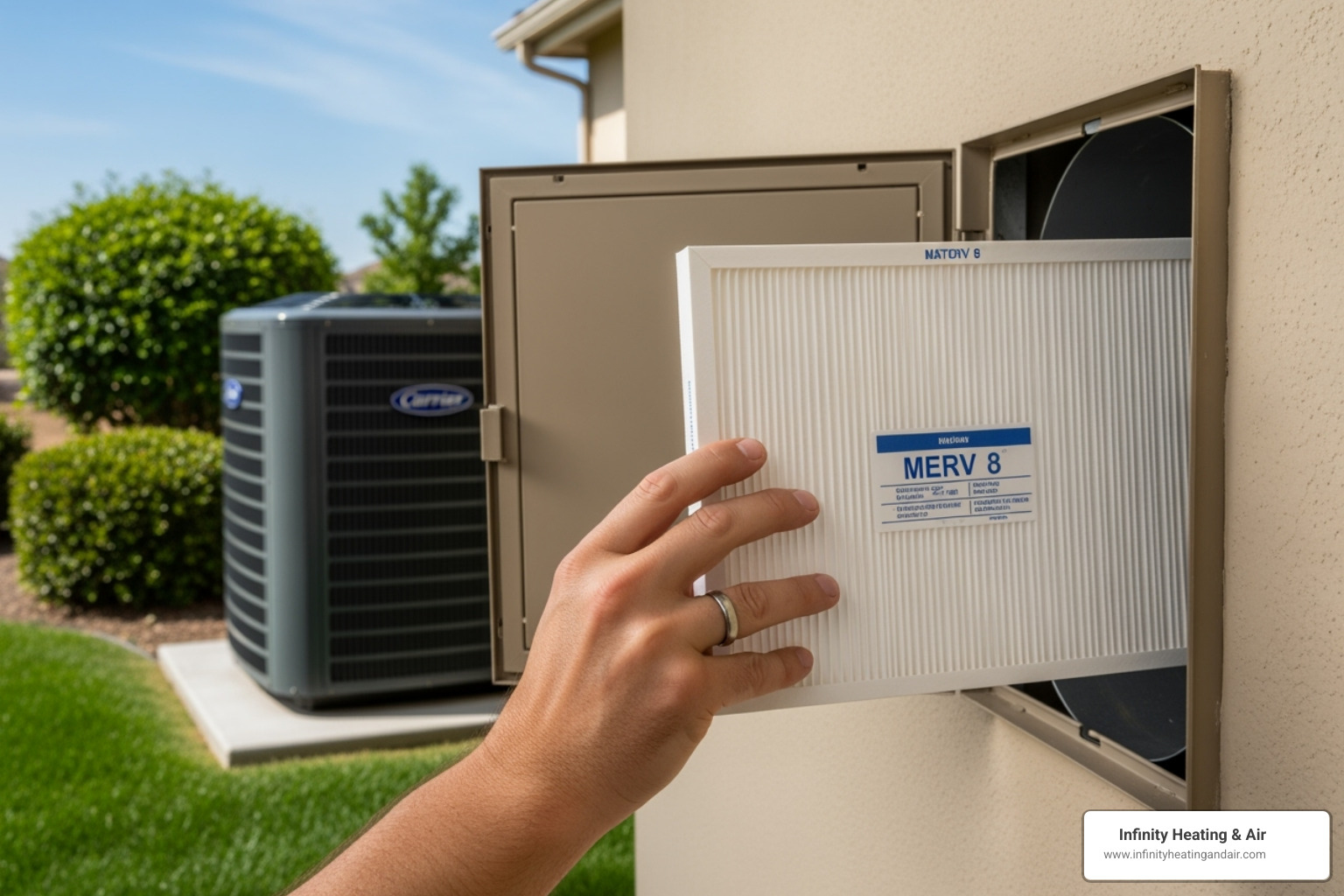 Hand inserting a MERV 8 air filter into an AC unit, with a residential outdoor air conditioning unit visible in the background, emphasizing maintenance for optimal cooling performance in Puyallup.