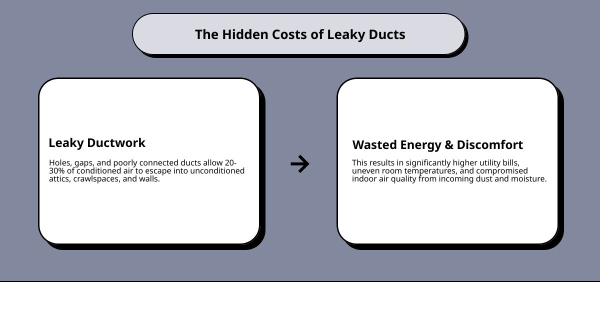 The Hidden Costs of Leaky Ducts infographic illustrating the impact of leaky ductwork on energy efficiency and indoor air quality, highlighting wasted energy and discomfort due to air escaping through gaps and holes.