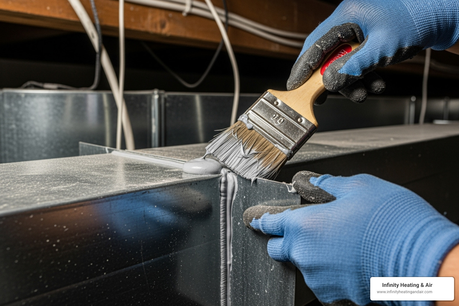 Person applying sealant with a brush to HVAC ductwork, emphasizing DIY air duct sealing for energy efficiency and indoor air quality.
