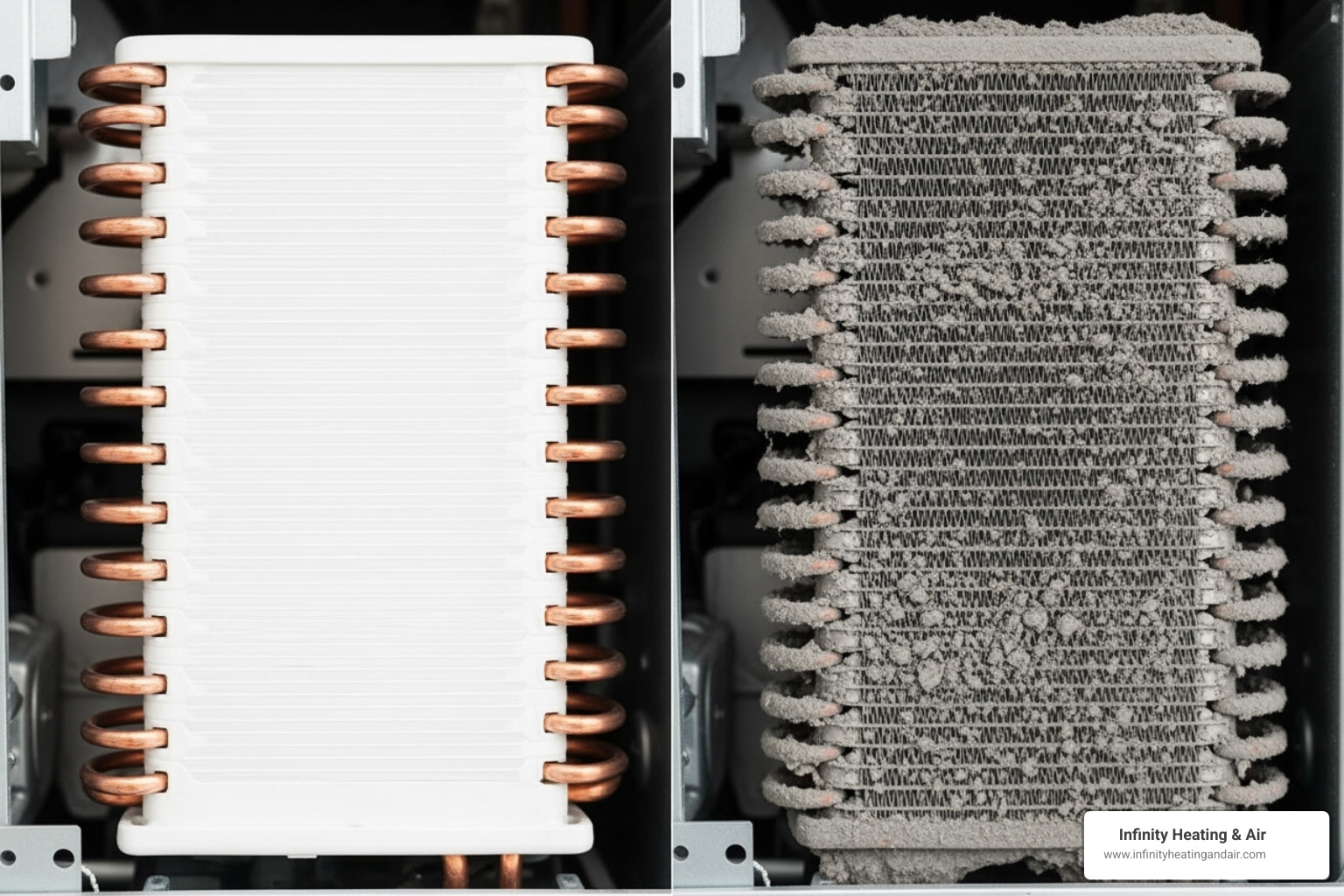 Clean and dirty air conditioning coils side by side, illustrating the importance of regular maintenance for indoor air quality and system efficiency.