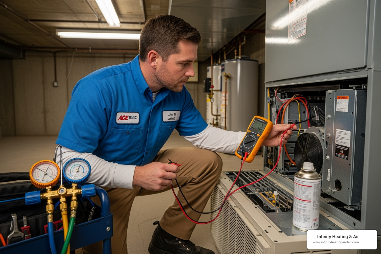 Certified technician performing AC diagnostics using a multimeter and refrigerant gauges, emphasizing professional expertise in HVAC repair services.