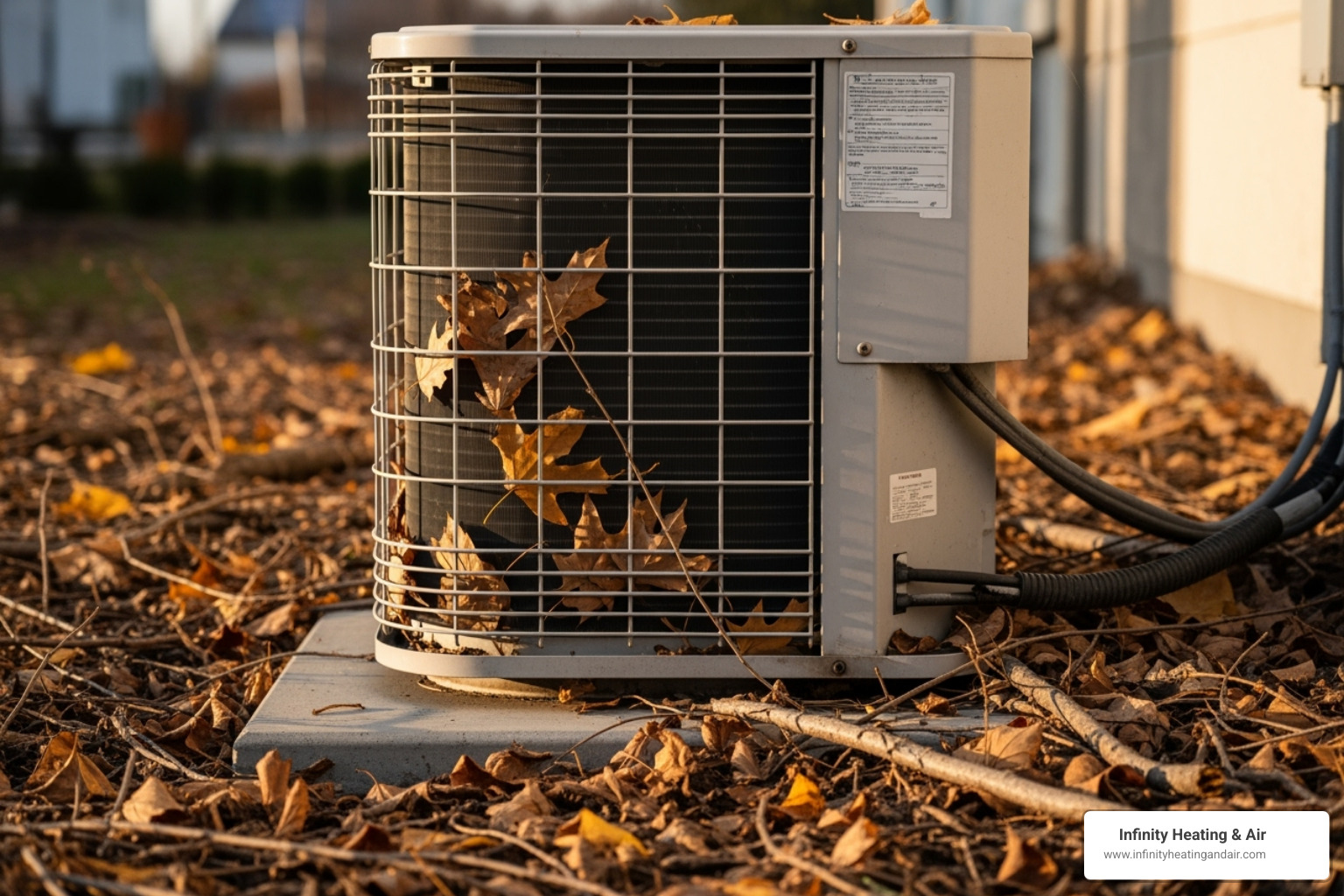 Air conditioning unit partially covered in fallen leaves, indicating potential maintenance issues related to airflow and efficiency, relevant to AC repair services by Infinity Heating & Air.