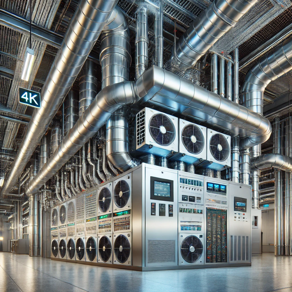 Modern industrial HVAC system with sleek design, ducts, and advanced technology, showcasing efficient air conditioning and temperature control features.