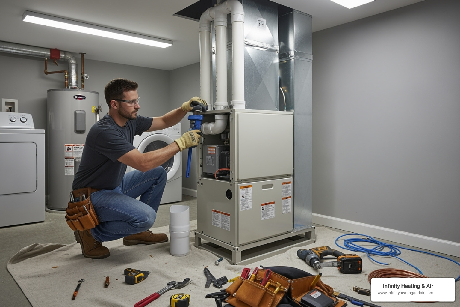 Technician installing furnace - Gas furnace installation