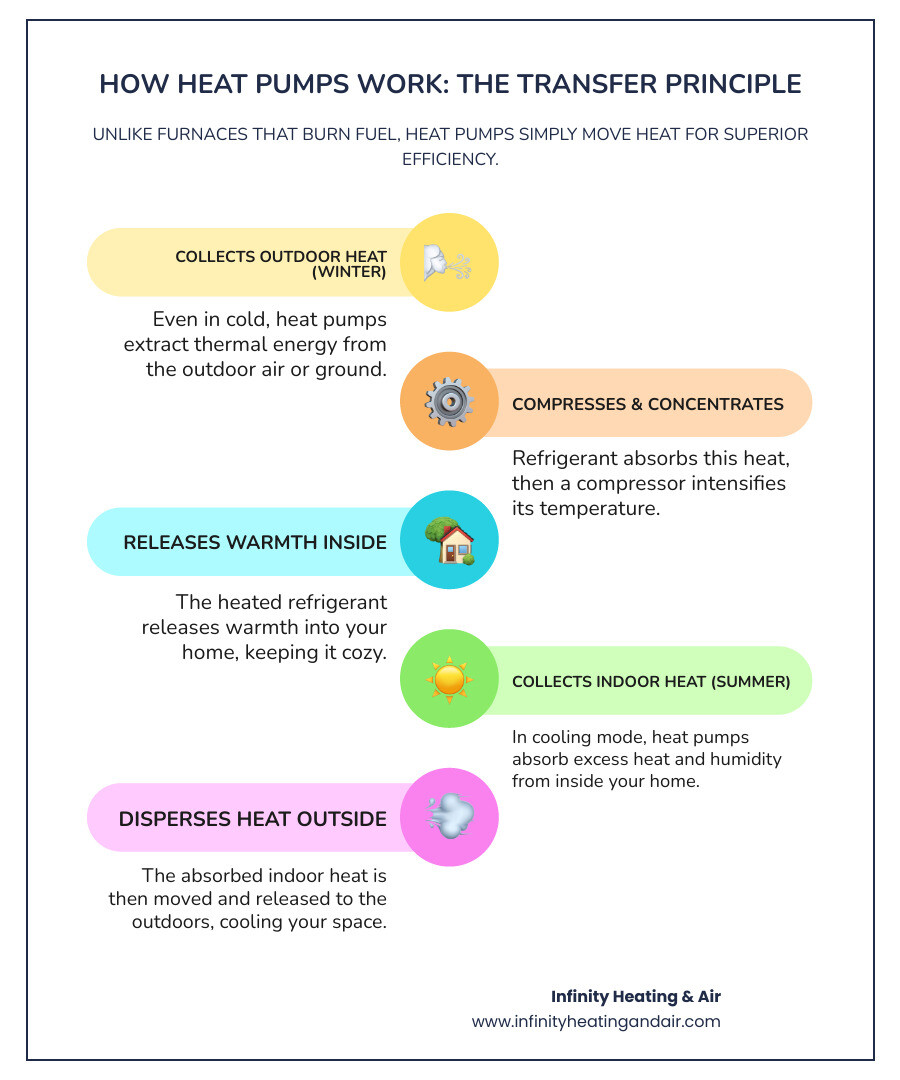 Infographic describing how heat pumps work by transferring heat, rather than generating it, for both heating and cooling your home. - Heat pump service Puyallup infographic infographic-line-5-steps-colors
