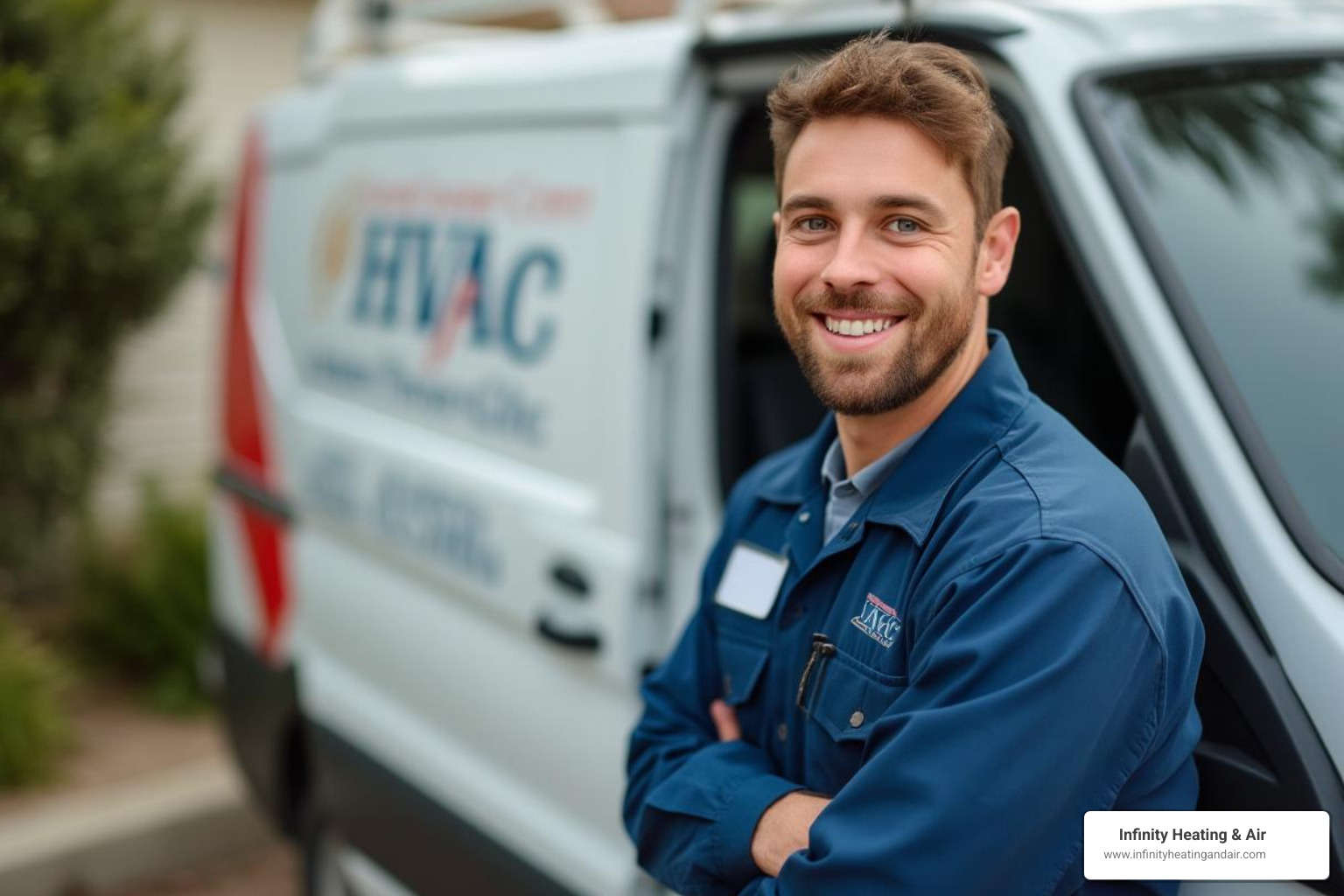 A friendly technician smiling and standing next to a service van - Heat pump service Puyallup