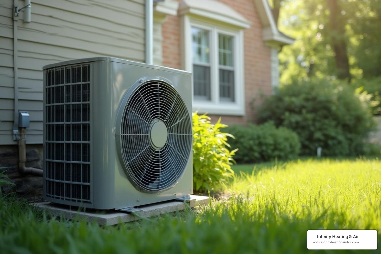 A clean outdoor heat pump unit in a residential backyard - Heat pump service Puyallup