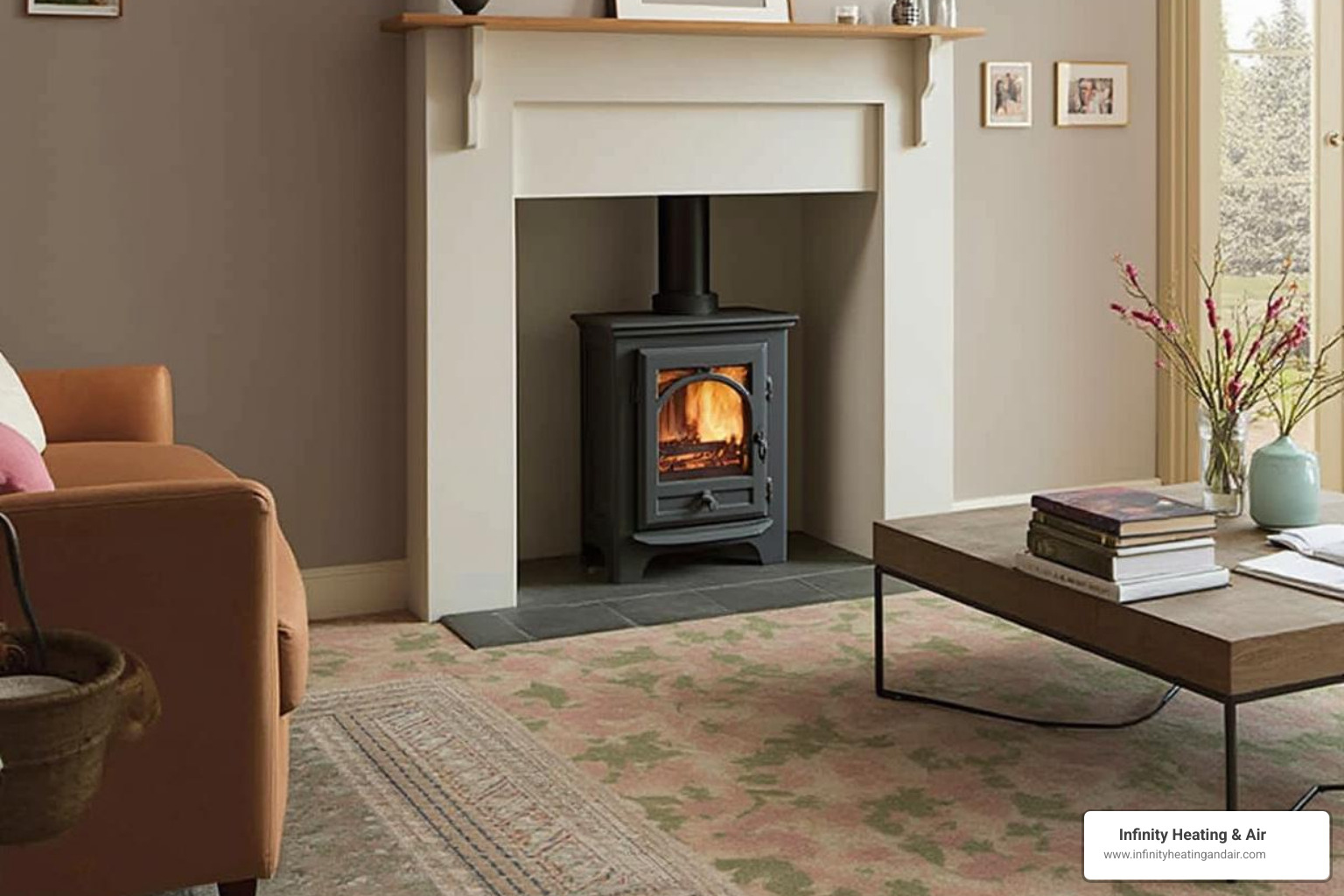 Cozy living room featuring a black wood stove with flames, surrounded by a modern coffee table, decorative rug, and natural light from a window, emphasizing efficient heating solutions for comfort.