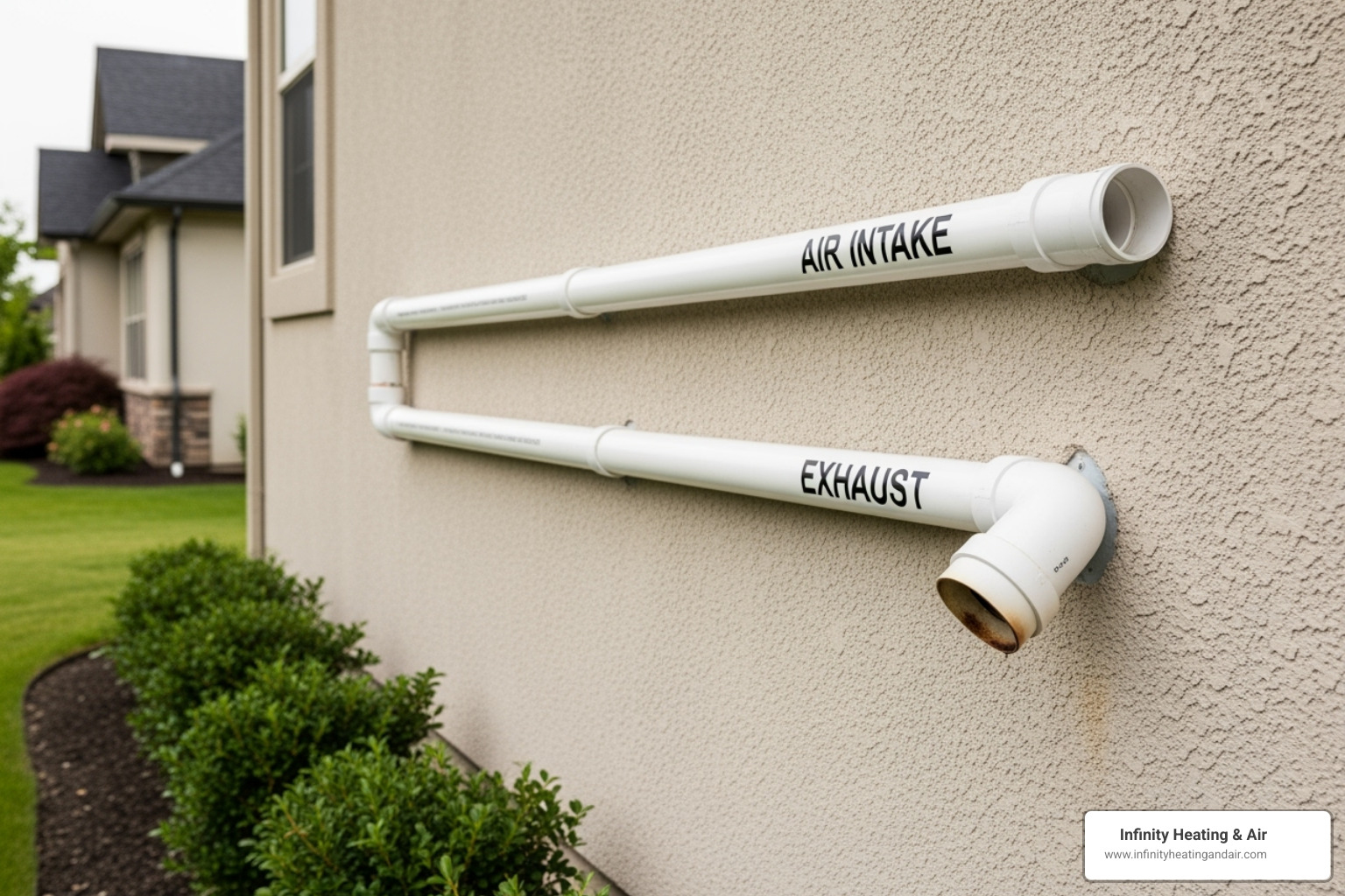 Air intake and exhaust pipes on the exterior wall of a home, illustrating sealed combustion system for high-efficiency furnaces, with focus on energy efficiency and indoor air quality.