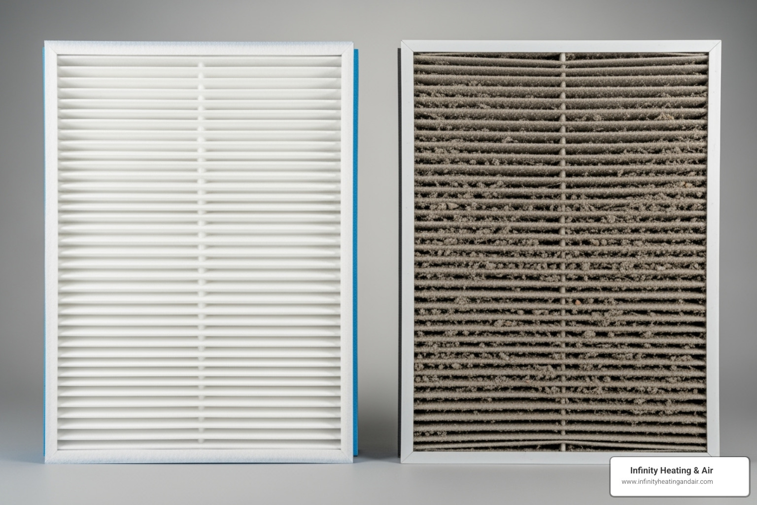 Furnace air filters comparison, clean filter on left and dirty filter on right, emphasizing importance of regular maintenance for indoor air quality and HVAC efficiency.
