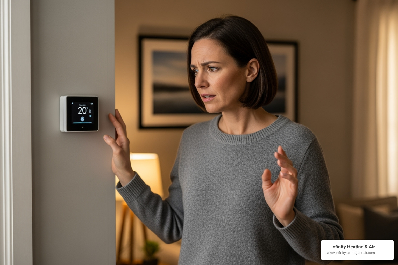 Woman looking concerned at a thermostat displaying 20°C, indicating potential furnace issues, emphasizing the importance of furnace maintenance in Puyallup.