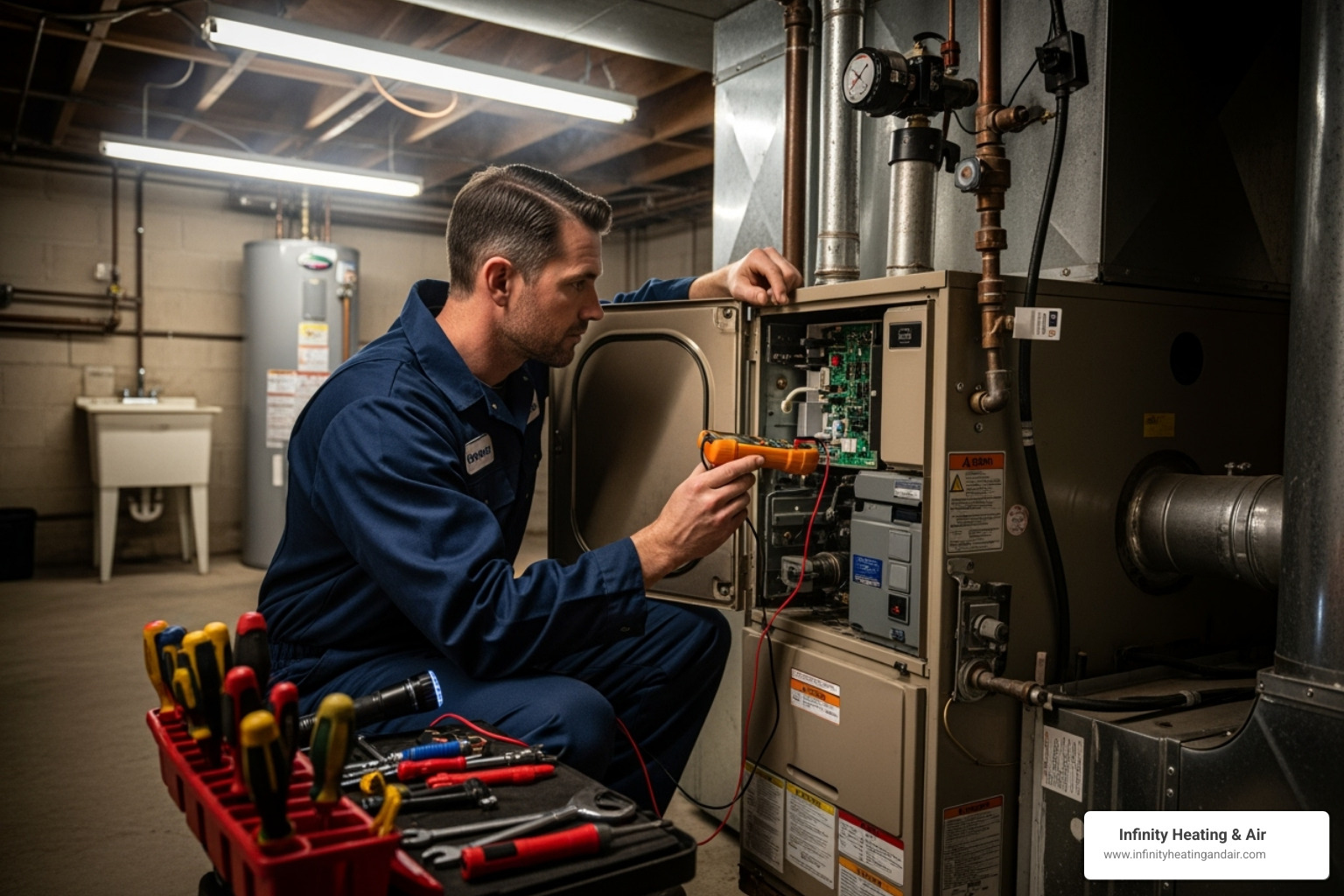 HVAC technician performing maintenance on a furnace, using a multimeter to check electrical components, with tools and equipment visible in a basement setting.
