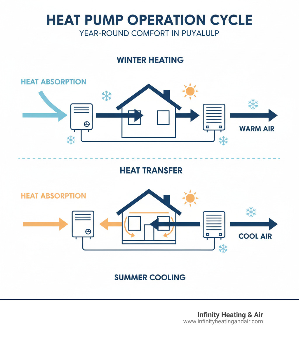 Heat pump operation cycle diagram illustrating winter heating and summer cooling processes, highlighting heat absorption and transfer for year-round comfort in Puyallup, WA.
