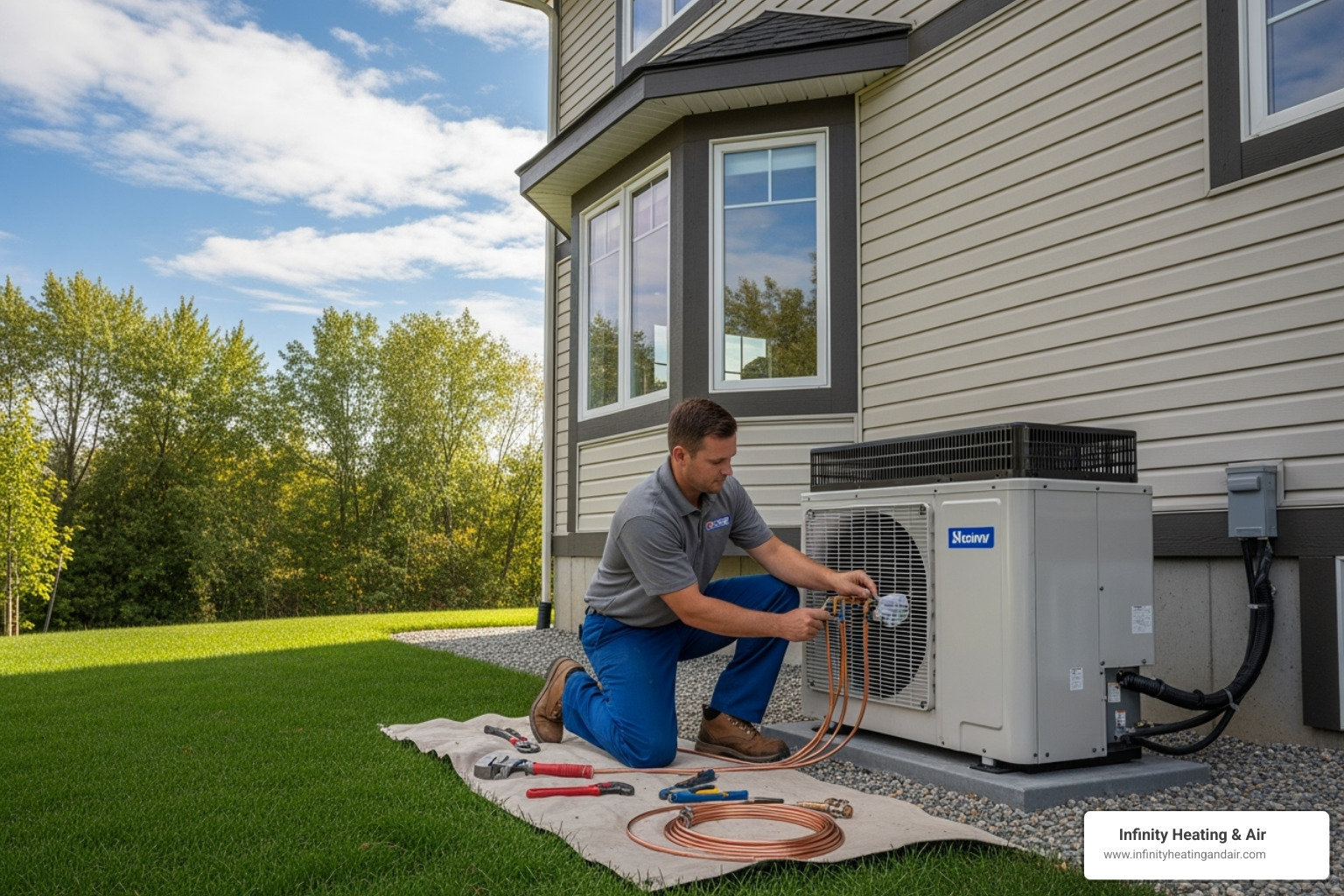 Technician installing a heat pump system outside a home in Puyallup, WA, with tools and copper lines visible, emphasizing professional heat pump installation services by Infinity Heating & Air.