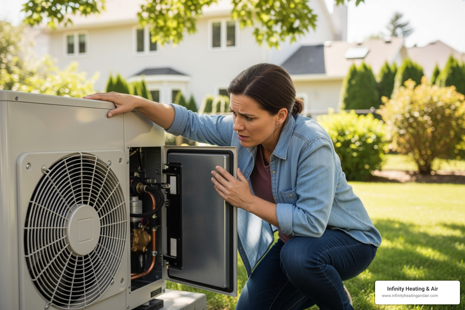 Woman inspecting a heat pump unit outdoors, demonstrating the importance of maintenance for home comfort and energy efficiency, with Infinity Heating & Air branding visible.
