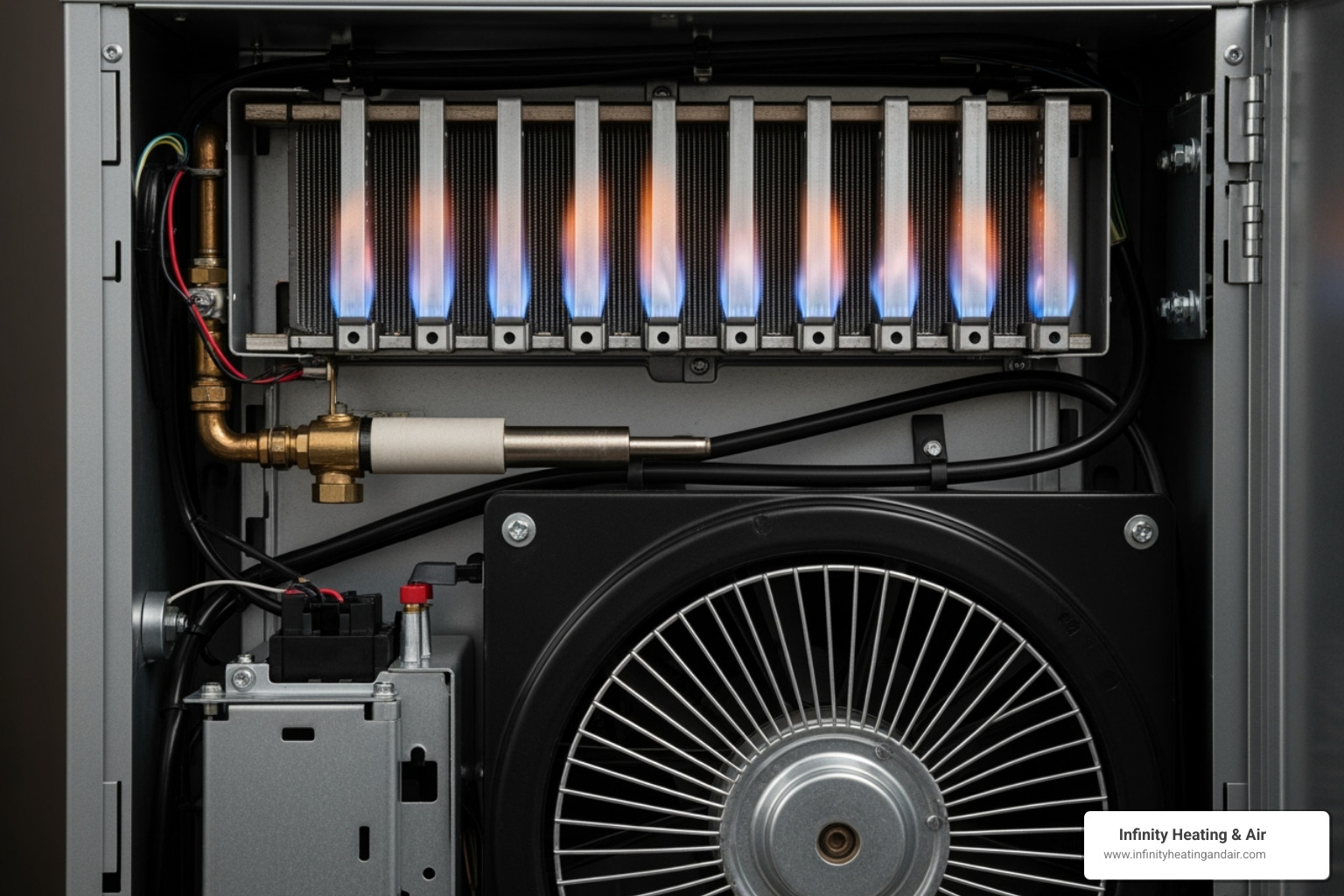 Furnace interior showing multiple blue flames igniting, gas supply line, and fan assembly, illustrating components relevant to furnace troubleshooting and maintenance by Infinity Heating & Air.