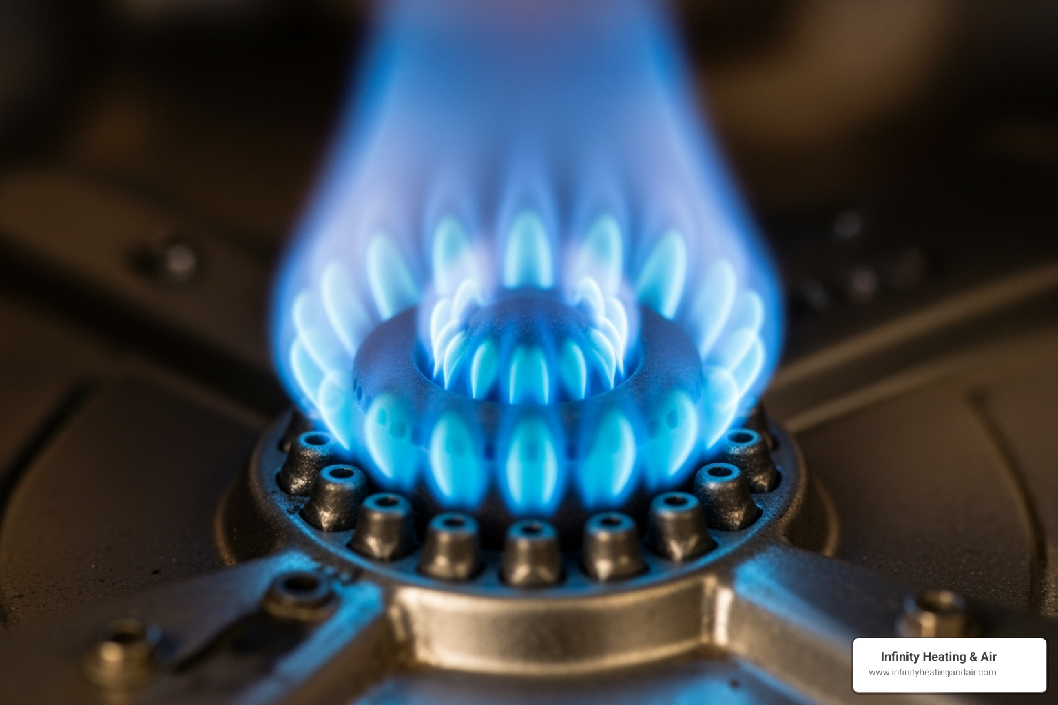 Close-up of a gas burner flame, showcasing blue flames and ignition, emphasizing safety in furnace troubleshooting by Infinity Heating & Air.