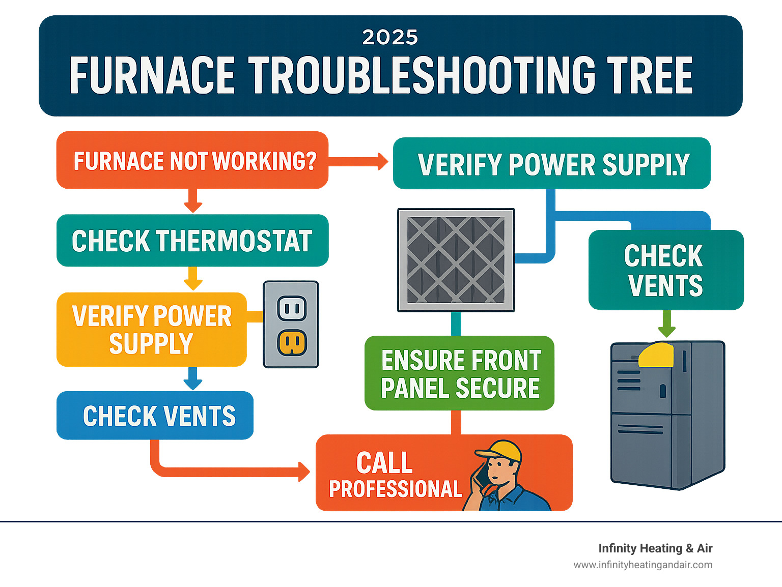 Furnace troubleshooting flowchart illustrating steps to check thermostat, verify power supply, check vents, and when to call a professional, designed by Infinity Heating & Air.