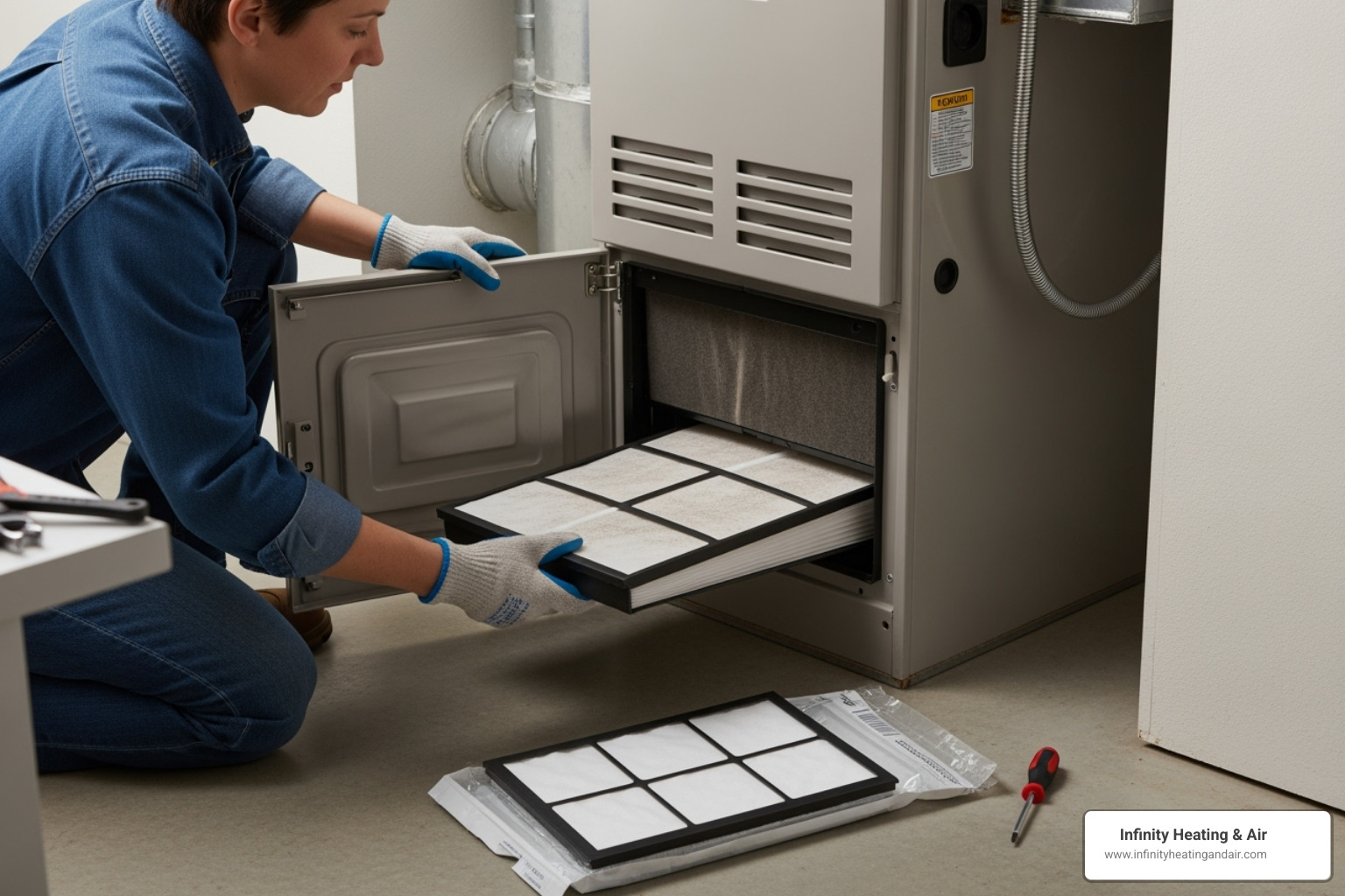 Person replacing a furnace filter inside a heating unit, emphasizing basic furnace maintenance and troubleshooting for homeowners.