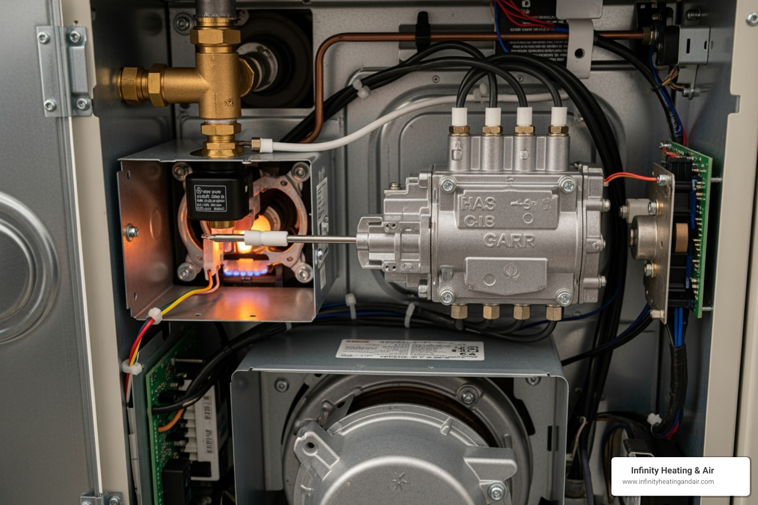 Furnace ignition system components, including igniter glowing, gas valve, and wiring, illustrating troubleshooting for furnace not igniting issues.