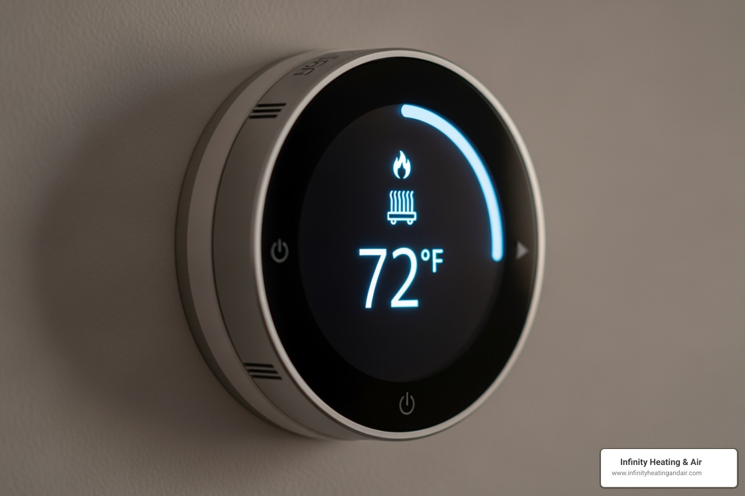 Smart thermostat displaying 72°F with heating icon, representing optimal settings for furnace ignition troubleshooting by Infinity Heating & Air.