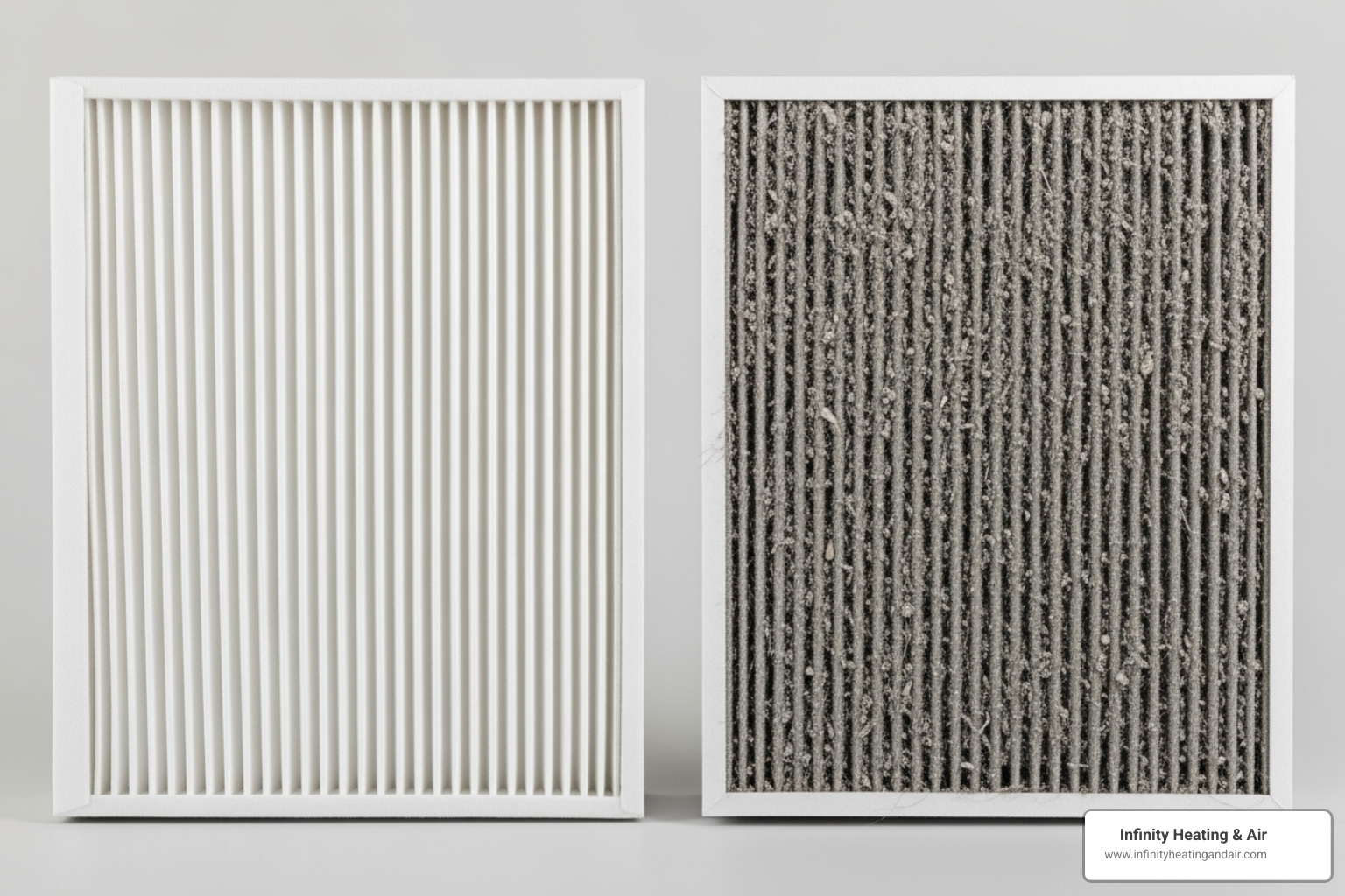 Air filter comparison showing clean filter on the left and clogged, dirty filter on the right, emphasizing the importance of regular maintenance for furnace efficiency.