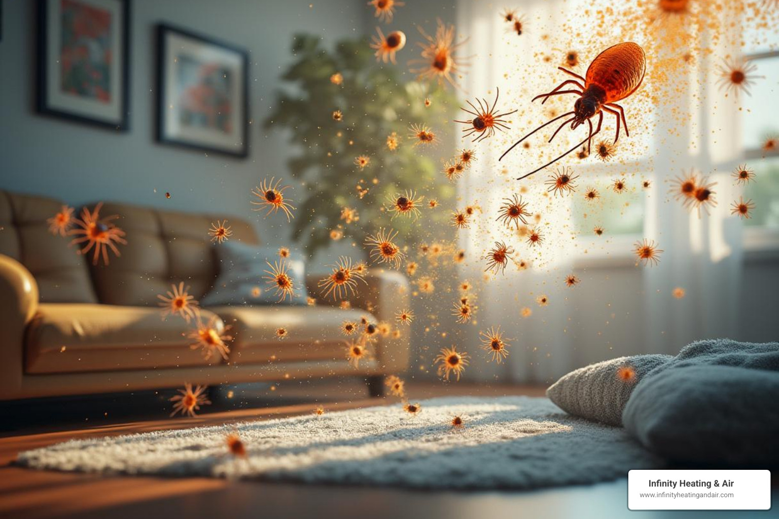 Indoor scene depicting airborne dust mites and particulate matter in a living room, emphasizing air quality issues related to mold and allergens, with a focus on health implications from pollutants, branded with Infinity Heating & Air logo.