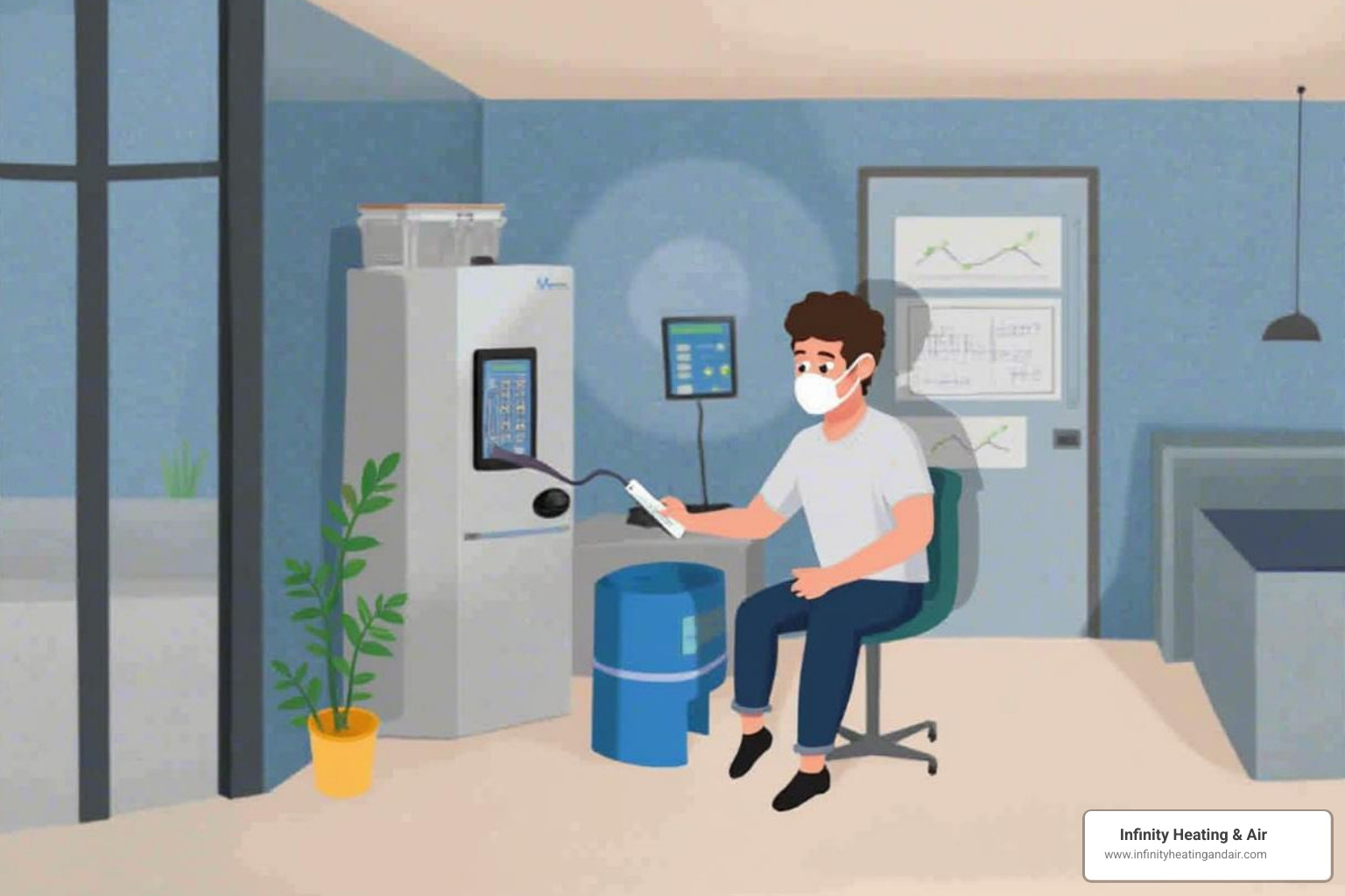 Person wearing a mask using air quality testing equipment in a modern indoor setting, emphasizing the importance of indoor air quality solutions by Infinity Heating & Air.