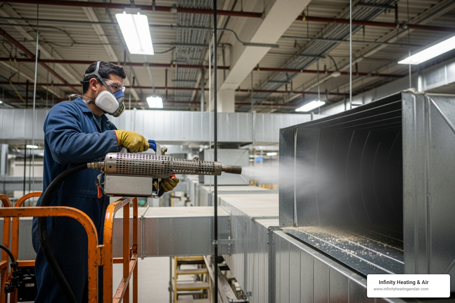 Technician using specialized equipment to sanitize air ducts, enhancing indoor air quality for homes, with visible antimicrobial spray and protective gear.