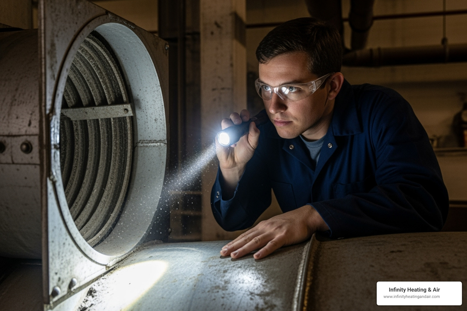 Technician inspecting air duct with flashlight, highlighting dust and debris, emphasizing air duct sanitization for improved indoor air quality.