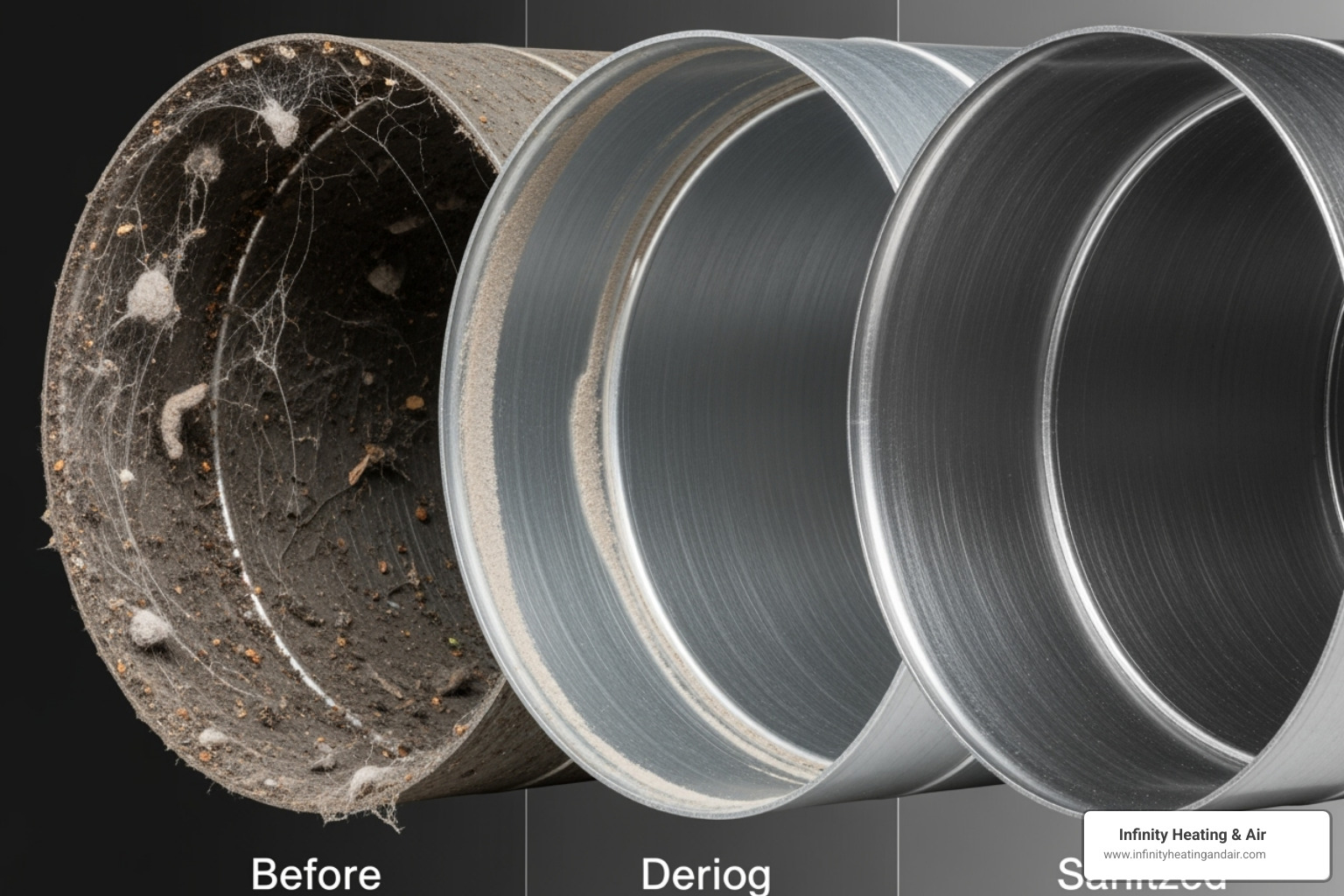 Air duct comparison showing before, during, and after sanitization process by Infinity Heating & Air, highlighting dust and debris removal for improved indoor air quality.