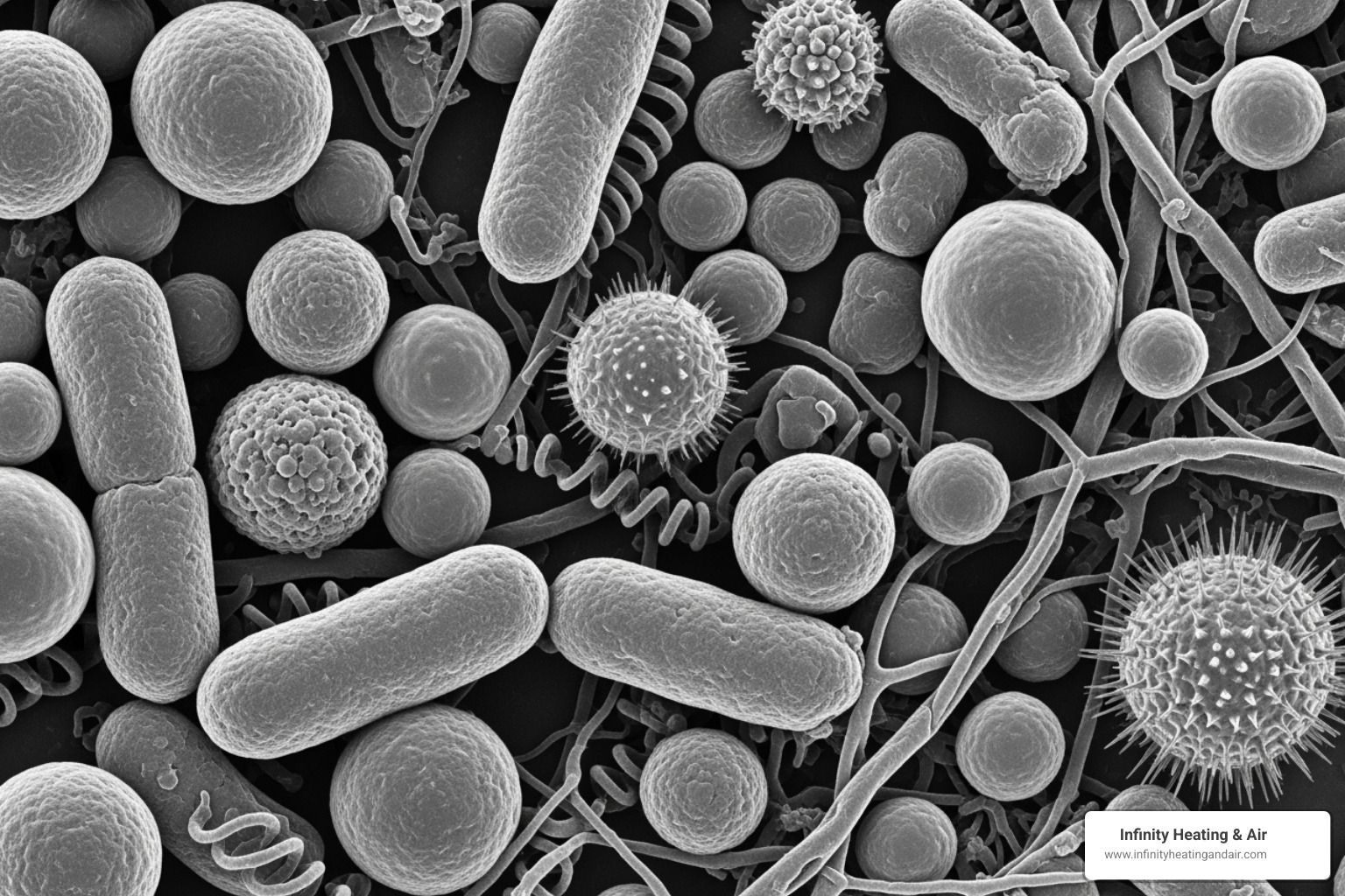Microscopic view of bacteria, mold, and allergens emphasizing the importance of air duct sanitization for improved indoor air quality and family health, featuring Infinity Heating & Air branding.