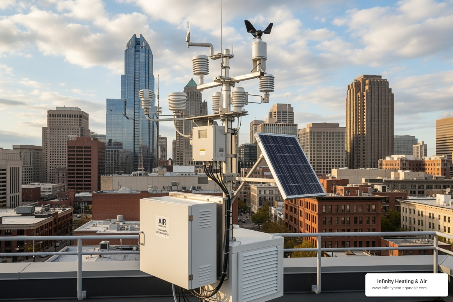 Air quality monitoring station on rooftop with solar panel, overlooking urban skyline, relevant to HVAC and indoor air quality solutions in Washington.