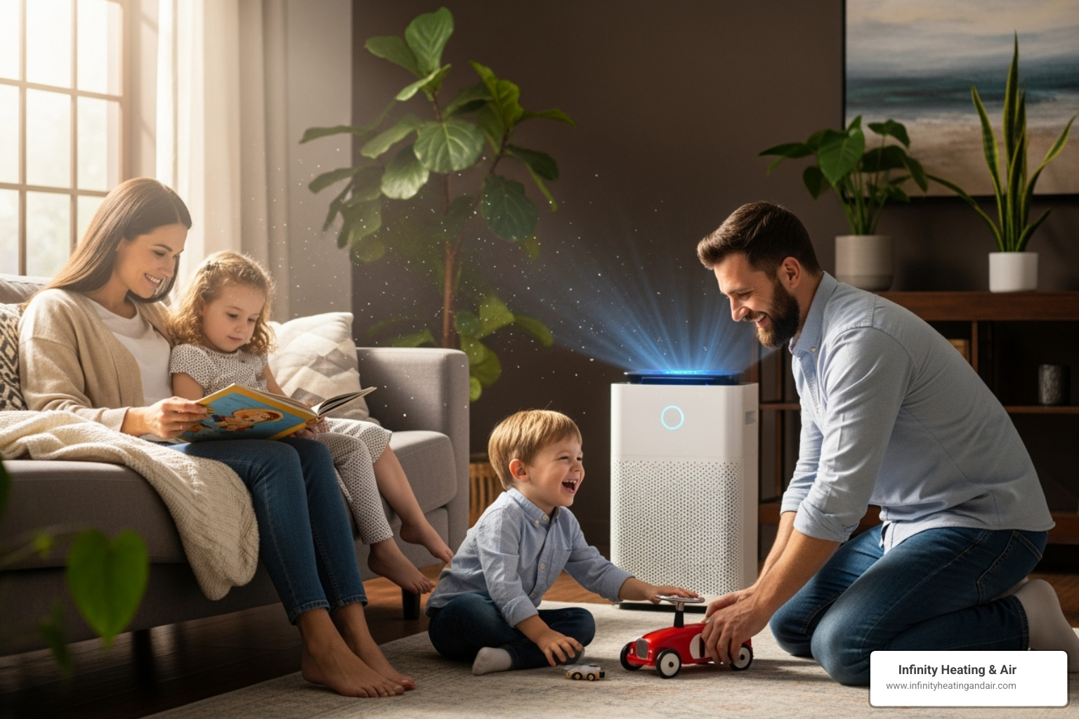 Family enjoying time indoors with air purifier, enhancing indoor air quality, focusing on health and comfort during pollution challenges in Washington.
